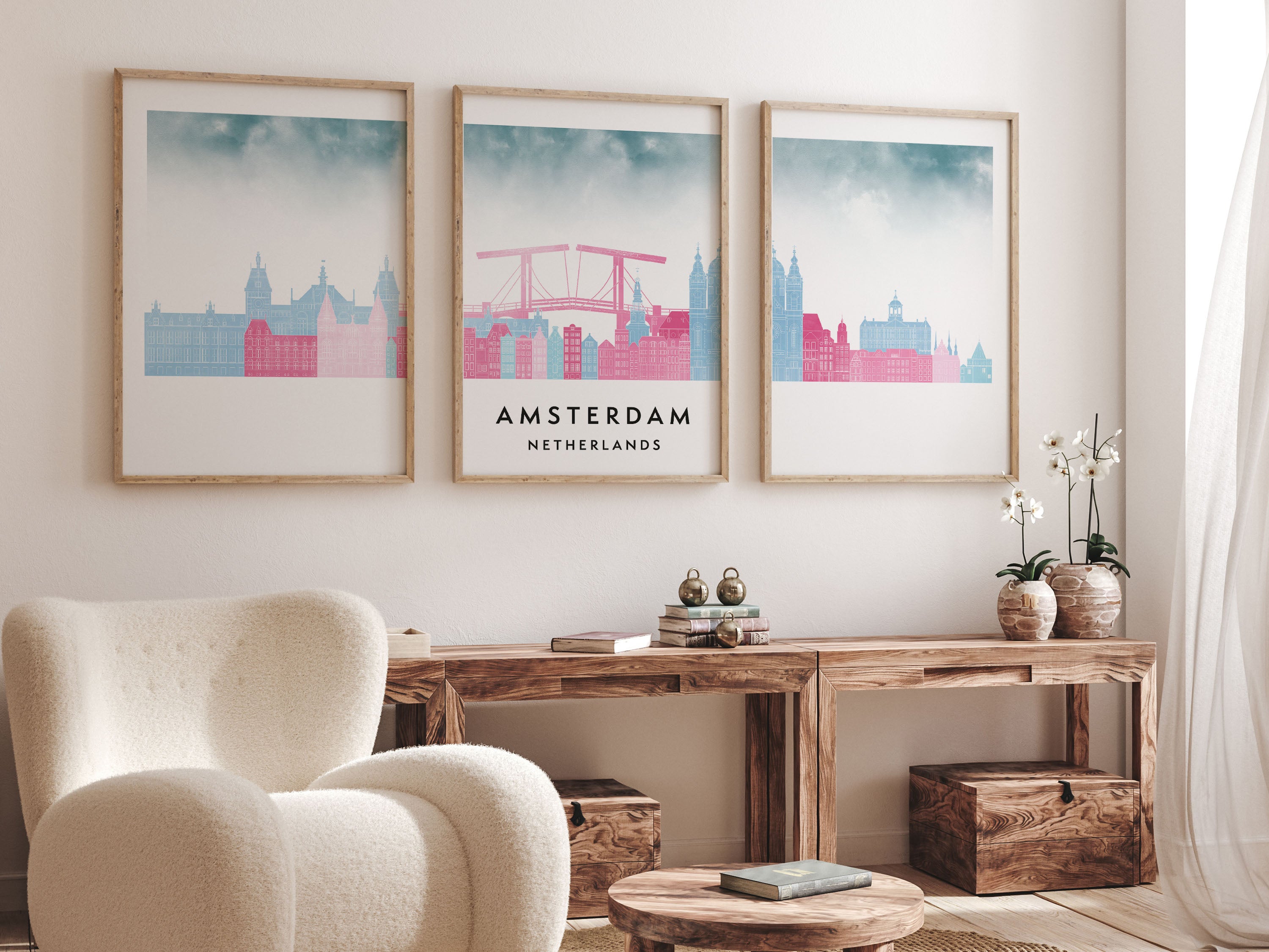 Amsterdam Silhouette Triptych in Watercolor Style, Amsterdam Skyline Poster, Amsterdam Set of 3 Posters, Watercolor style