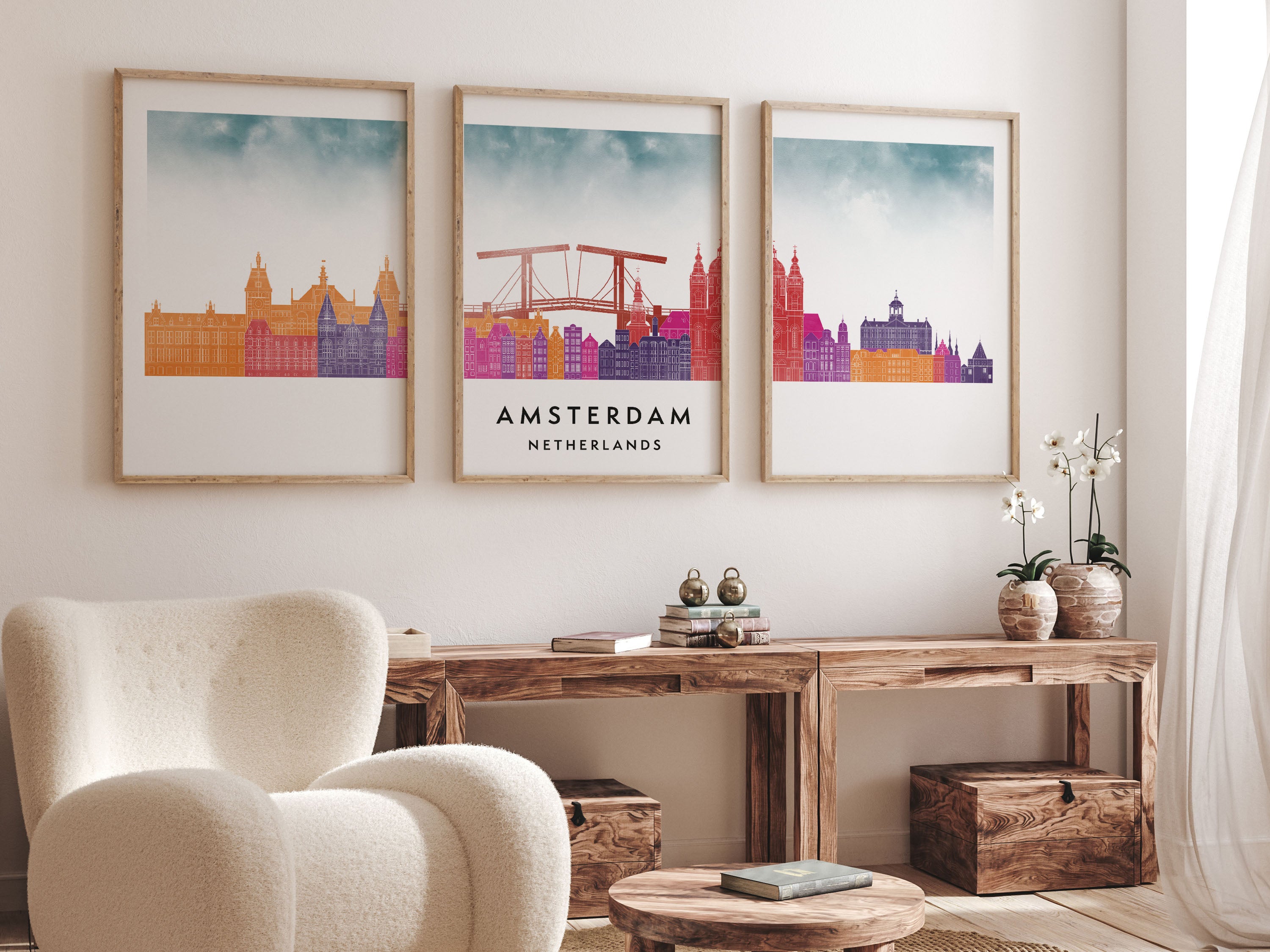 Amsterdam Silhouette Triptych in Watercolor Style, Amsterdam Skyline Poster, Amsterdam Set of 3 Posters, Watercolor style
