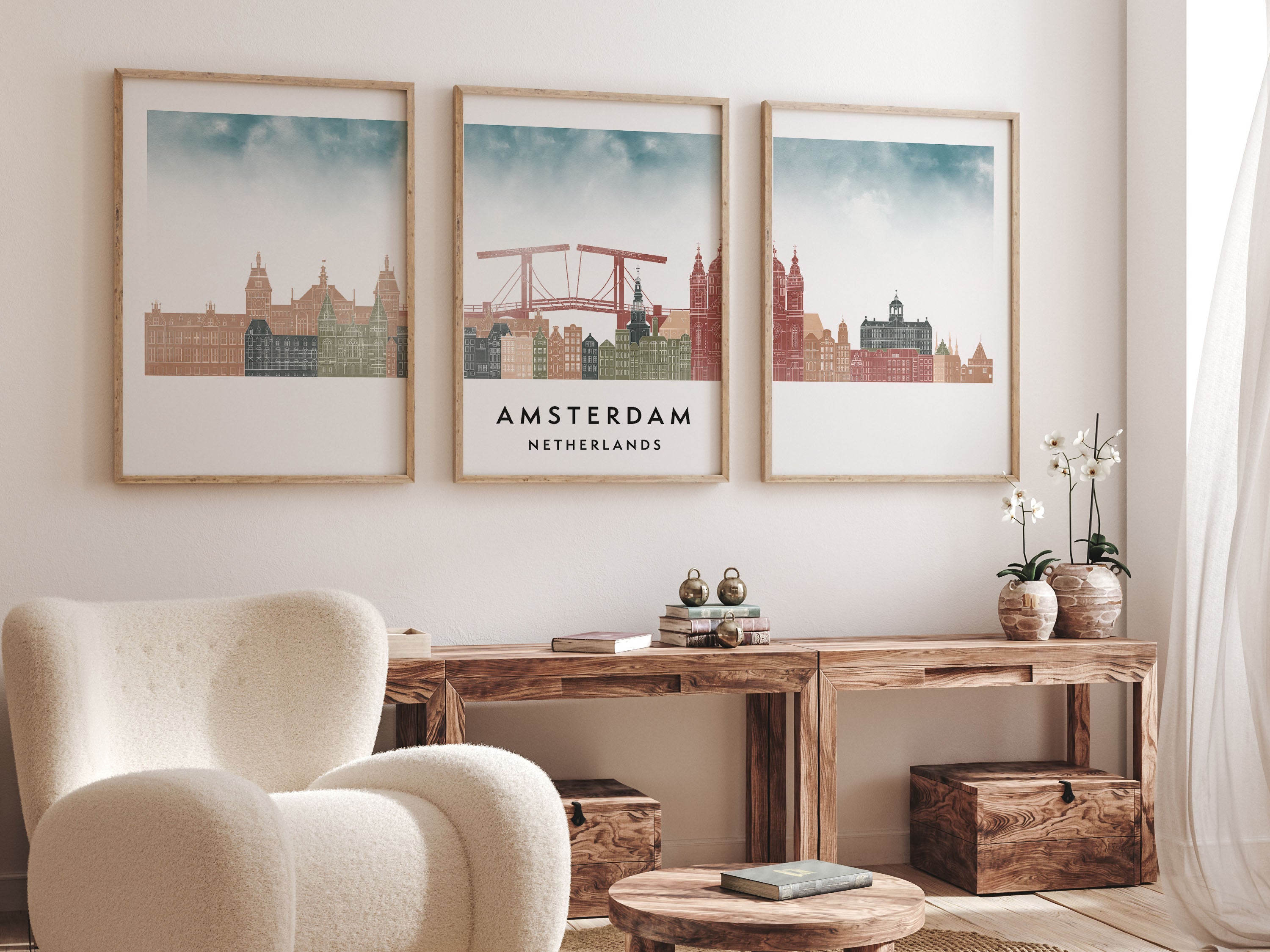 Amsterdam Silhouette Triptych in Watercolor Style, Amsterdam Skyline Poster, Amsterdam Set of 3 Posters, Watercolor style