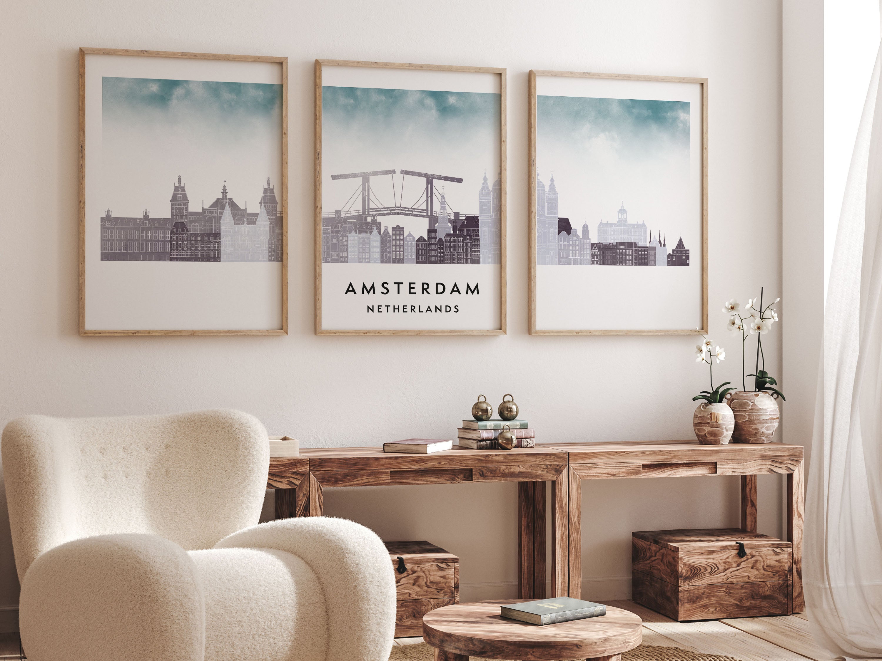 Amsterdam Silhouette Triptych in Watercolor Style, Amsterdam Skyline Poster, Amsterdam Set of 3 Posters, Watercolor style