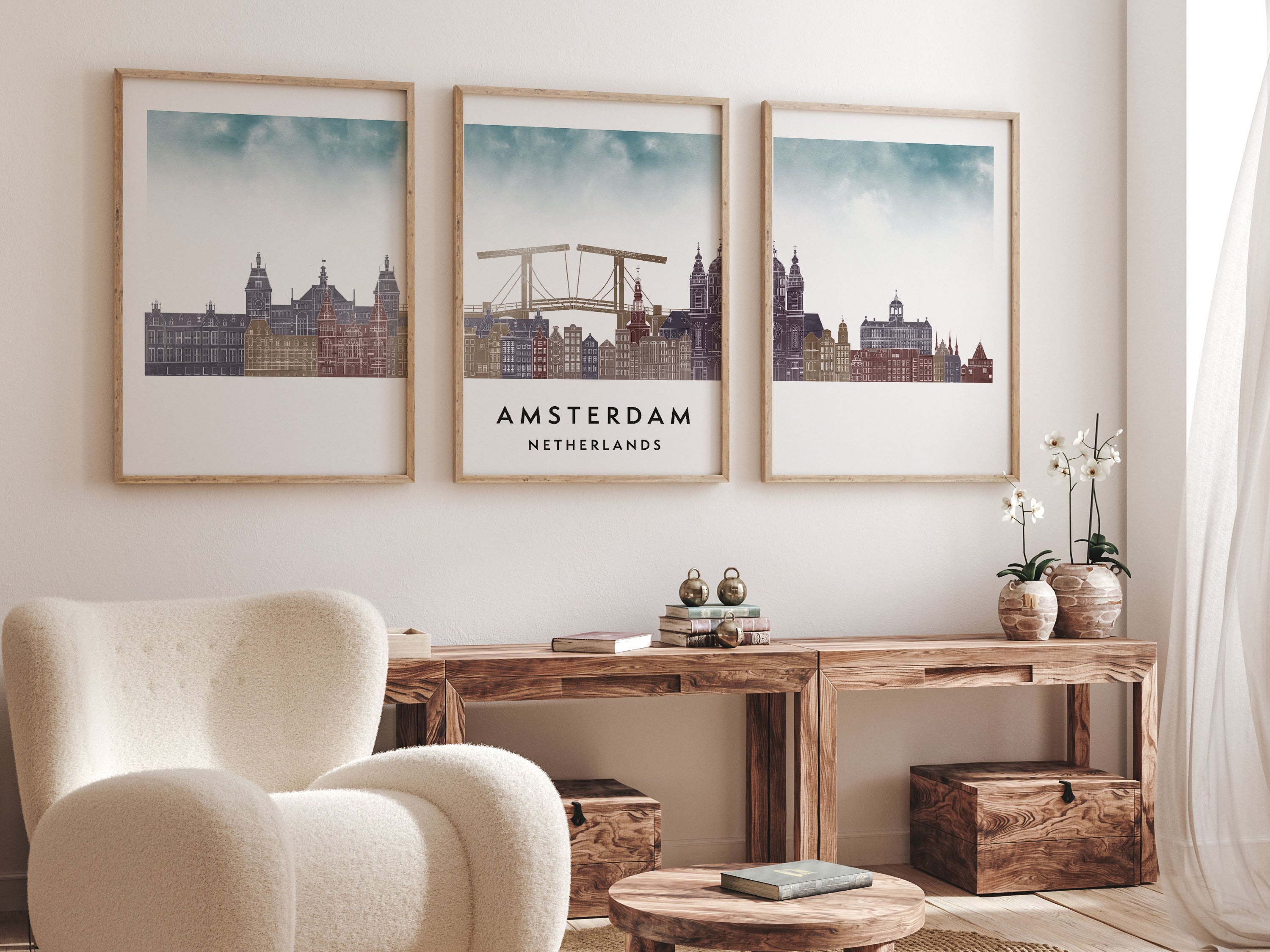 Amsterdam Silhouette Triptych in Watercolor Style, Amsterdam Skyline Poster, Amsterdam Set of 3 Posters, Watercolor style