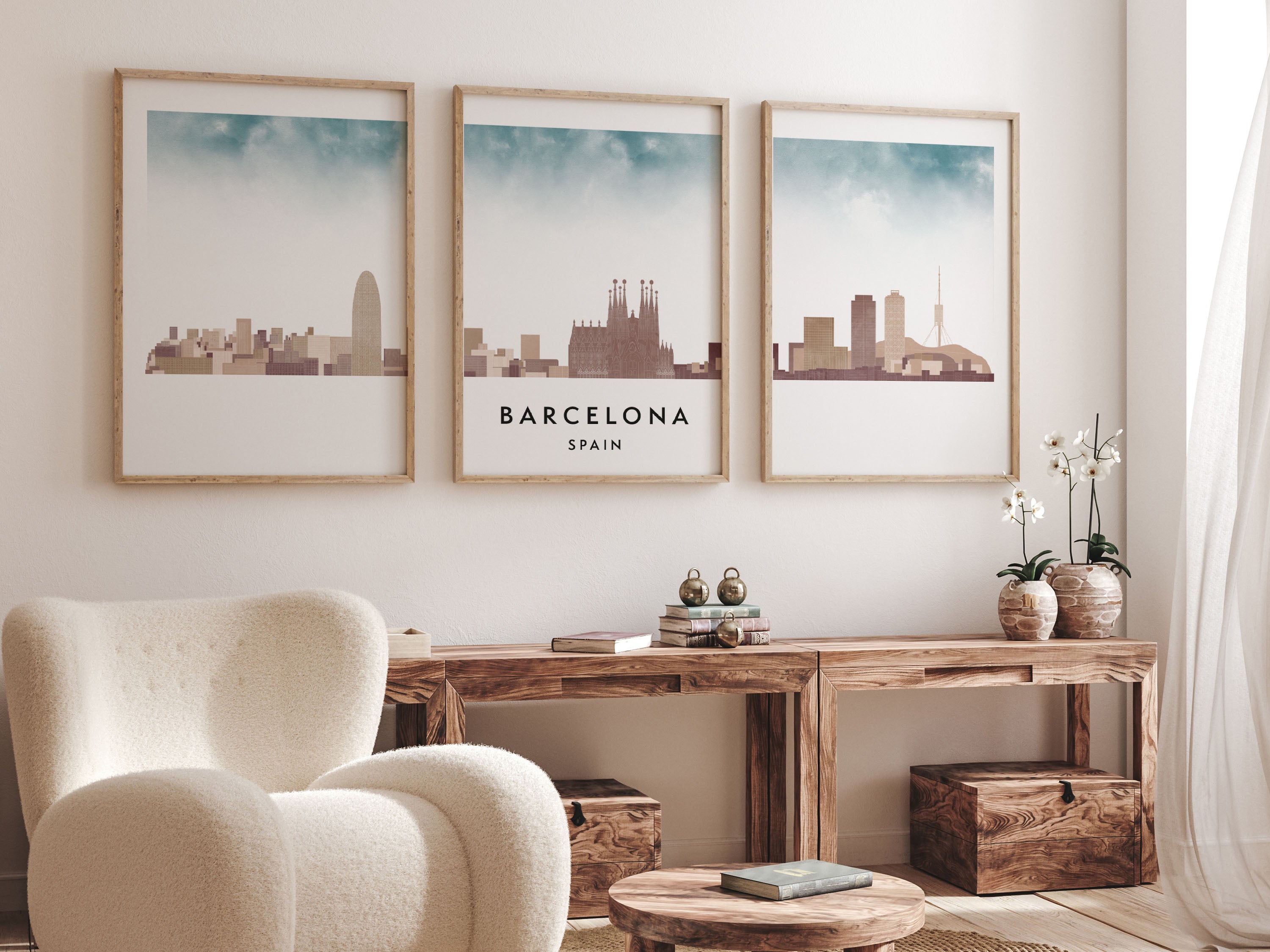 Barcelona Silhouette Triptych in Watercolor Style, Barcelona Skyline Poster, Barcelona Set of 3 Posters, Watercolor style