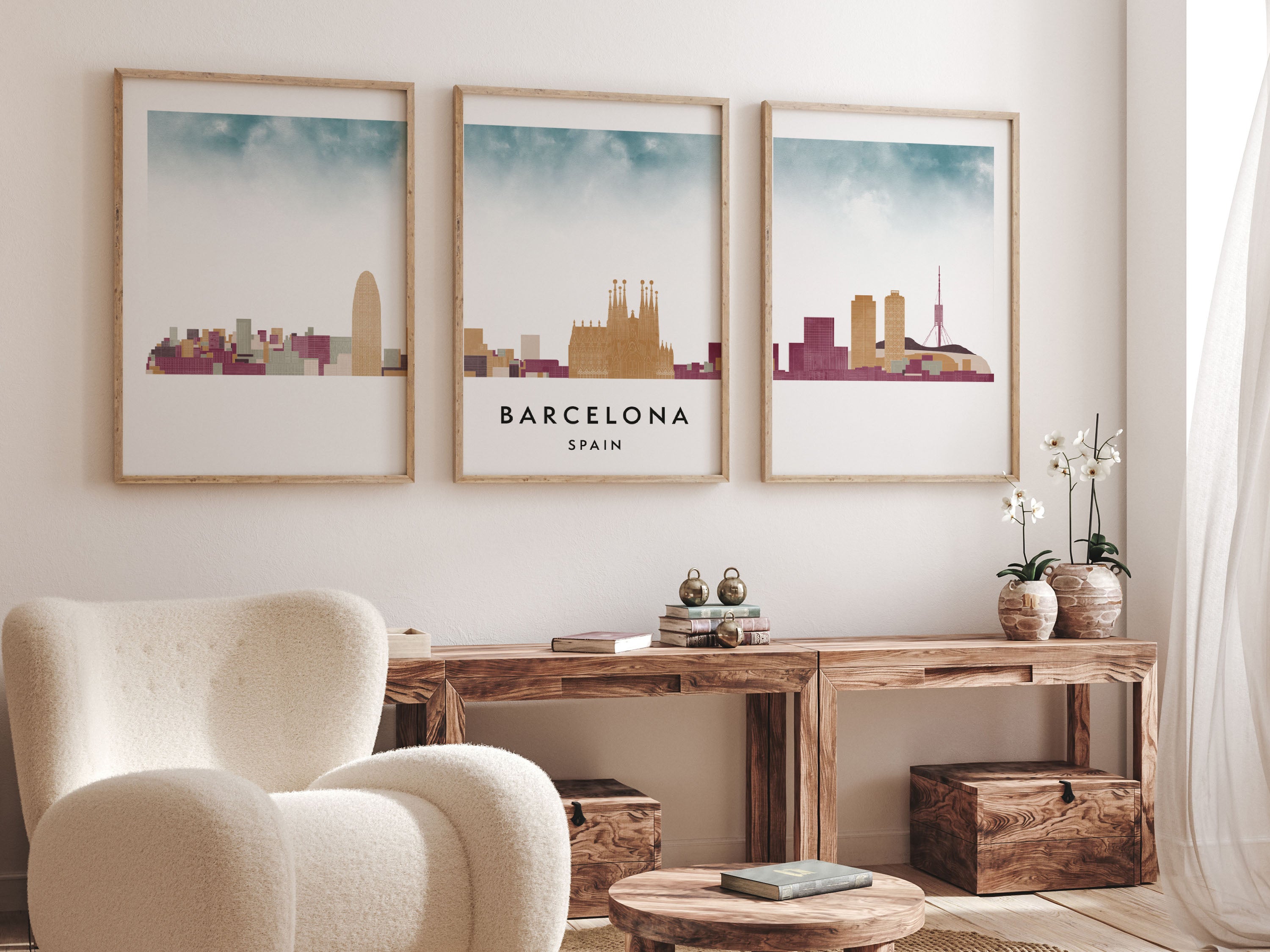 Barcelona Silhouette Triptych in Watercolor Style, Barcelona Skyline Poster, Barcelona Set of 3 Posters, Watercolor style