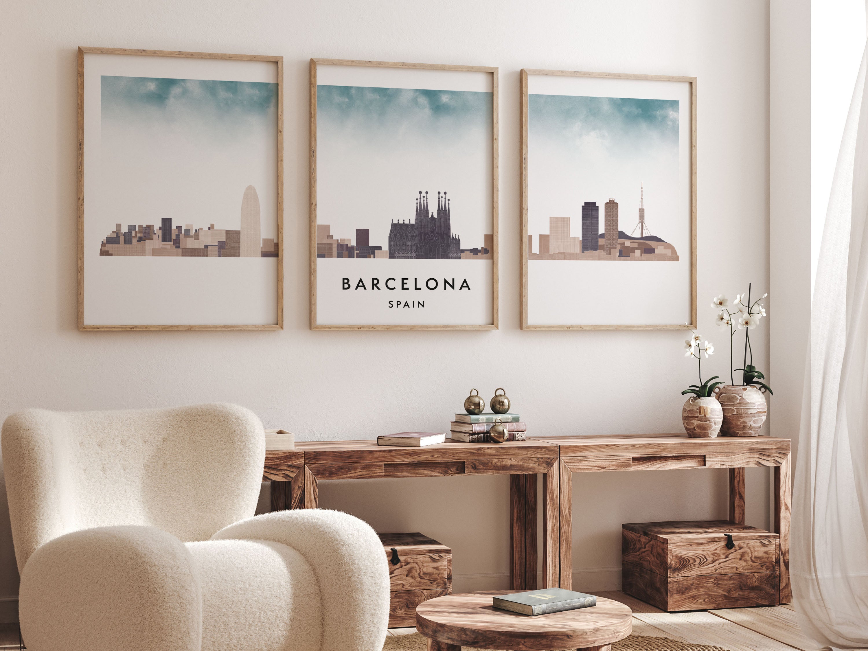 Barcelona Silhouette Triptych in Watercolor Style, Barcelona Skyline Poster, Barcelona Set of 3 Posters, Watercolor style