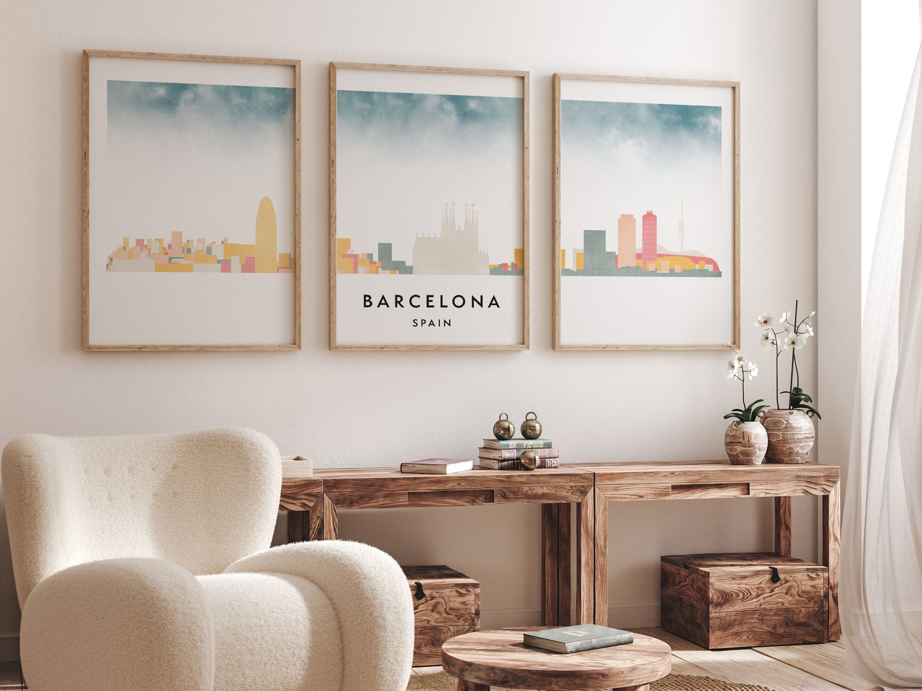 Barcelona Silhouette Triptych in Watercolor Style, Barcelona Skyline Poster, Barcelona Set of 3 Posters, Watercolor style