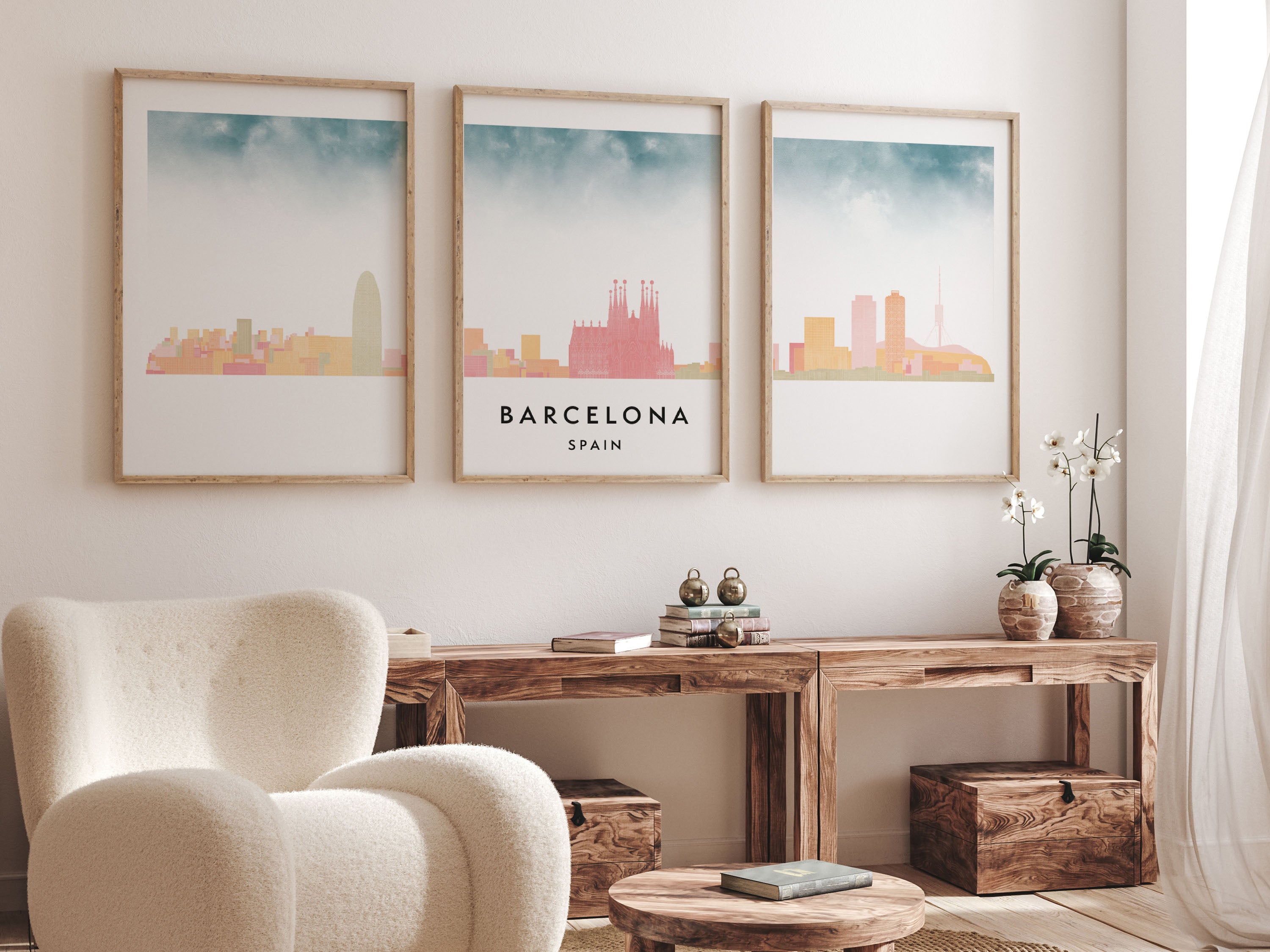 Barcelona Silhouette Triptych in Watercolor Style, Barcelona Skyline Poster, Barcelona Set of 3 Posters, Watercolor style