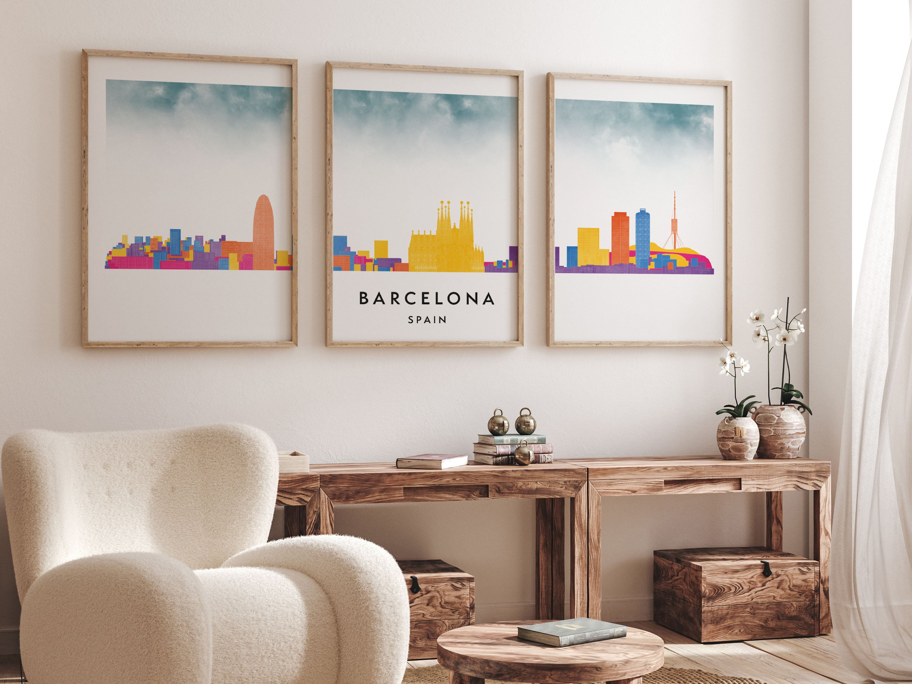 Barcelona Silhouette Triptych in Watercolor Style, Barcelona Skyline Poster, Barcelona Set of 3 Posters, Watercolor style