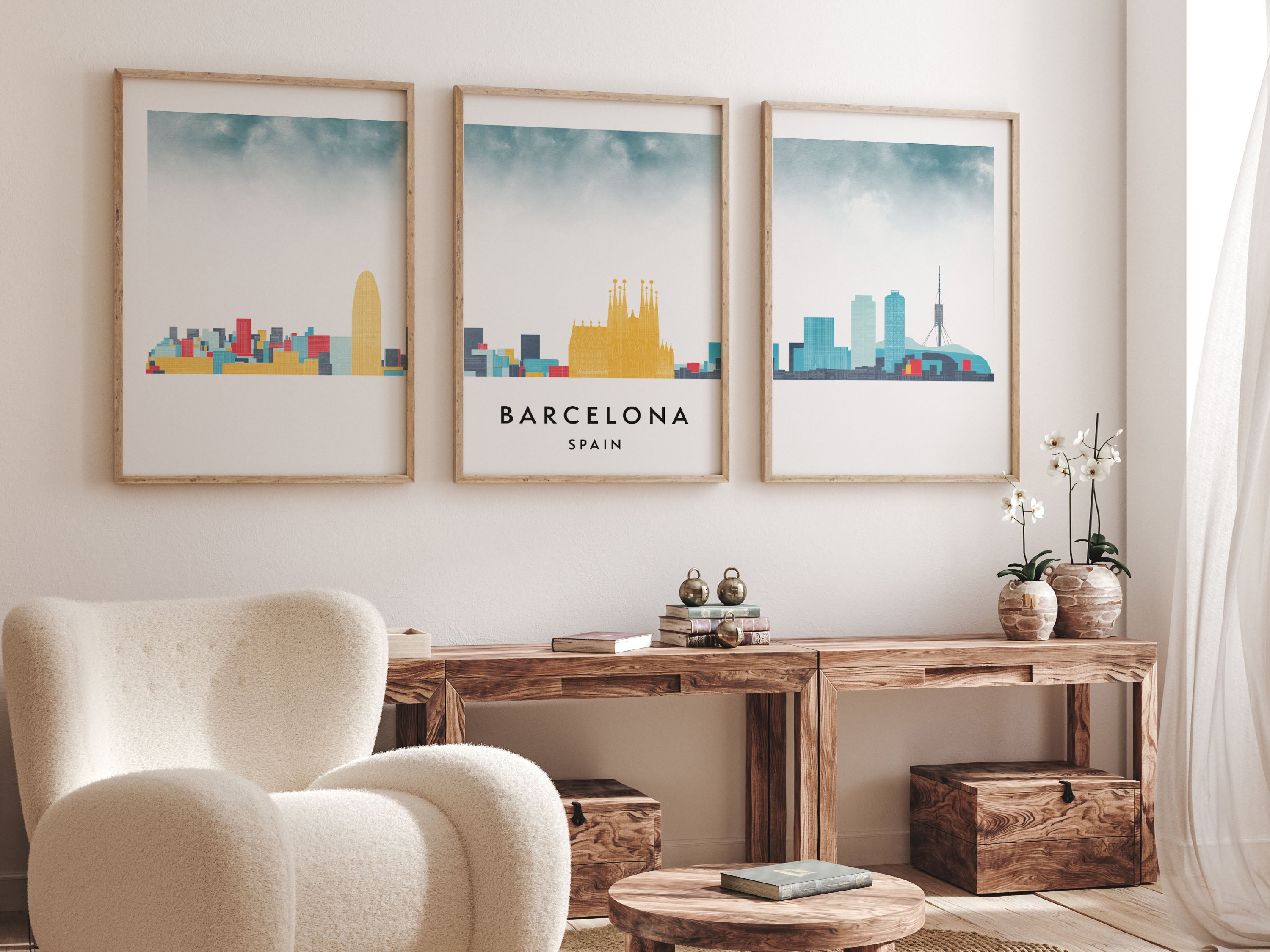 Barcelona Silhouette Triptych in Watercolor Style, Barcelona Skyline Poster, Barcelona Set of 3 Posters, Watercolor style