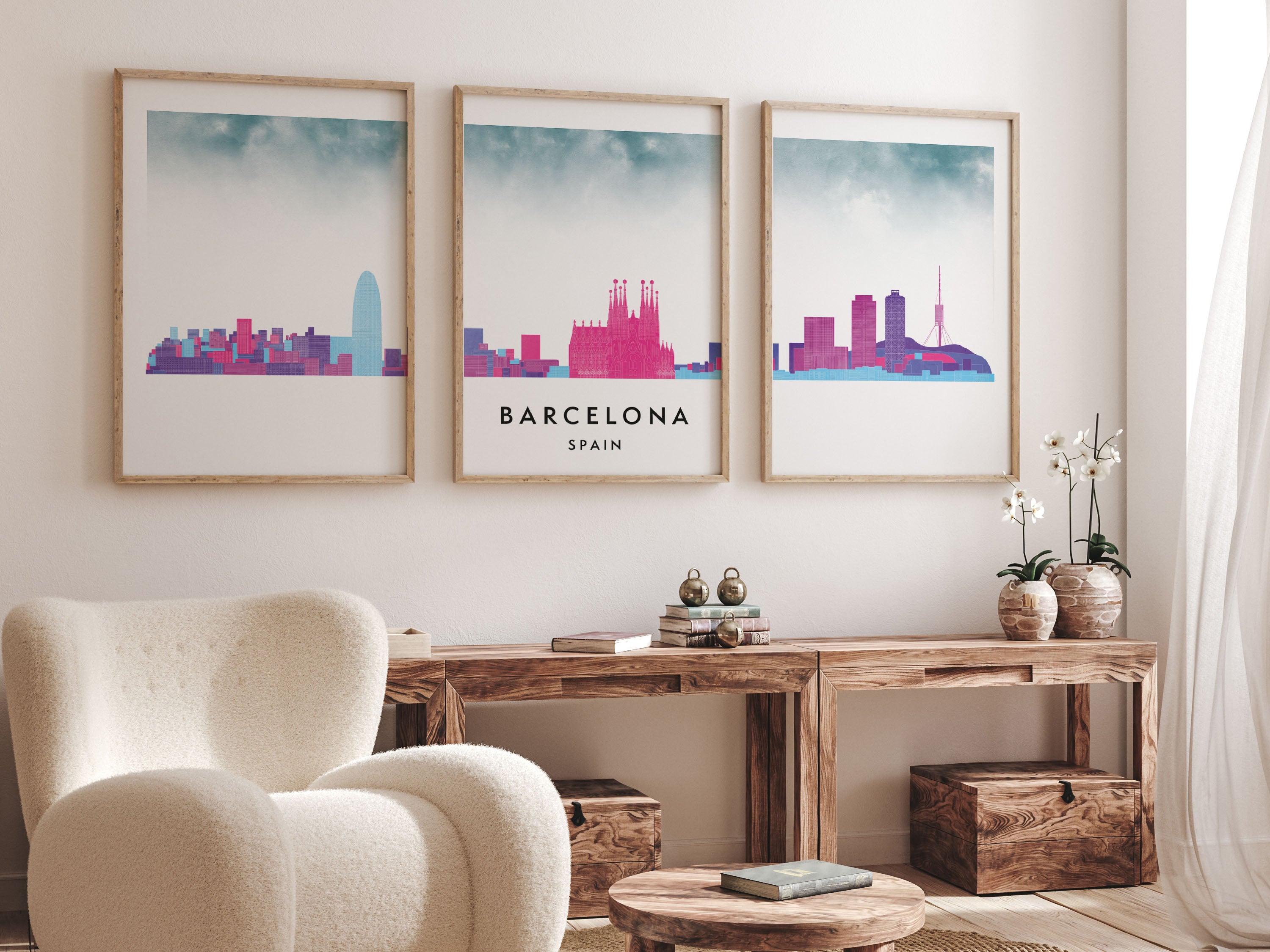Barcelona Silhouette Triptych in Watercolor Style, Barcelona Skyline Poster, Barcelona Set of 3 Posters