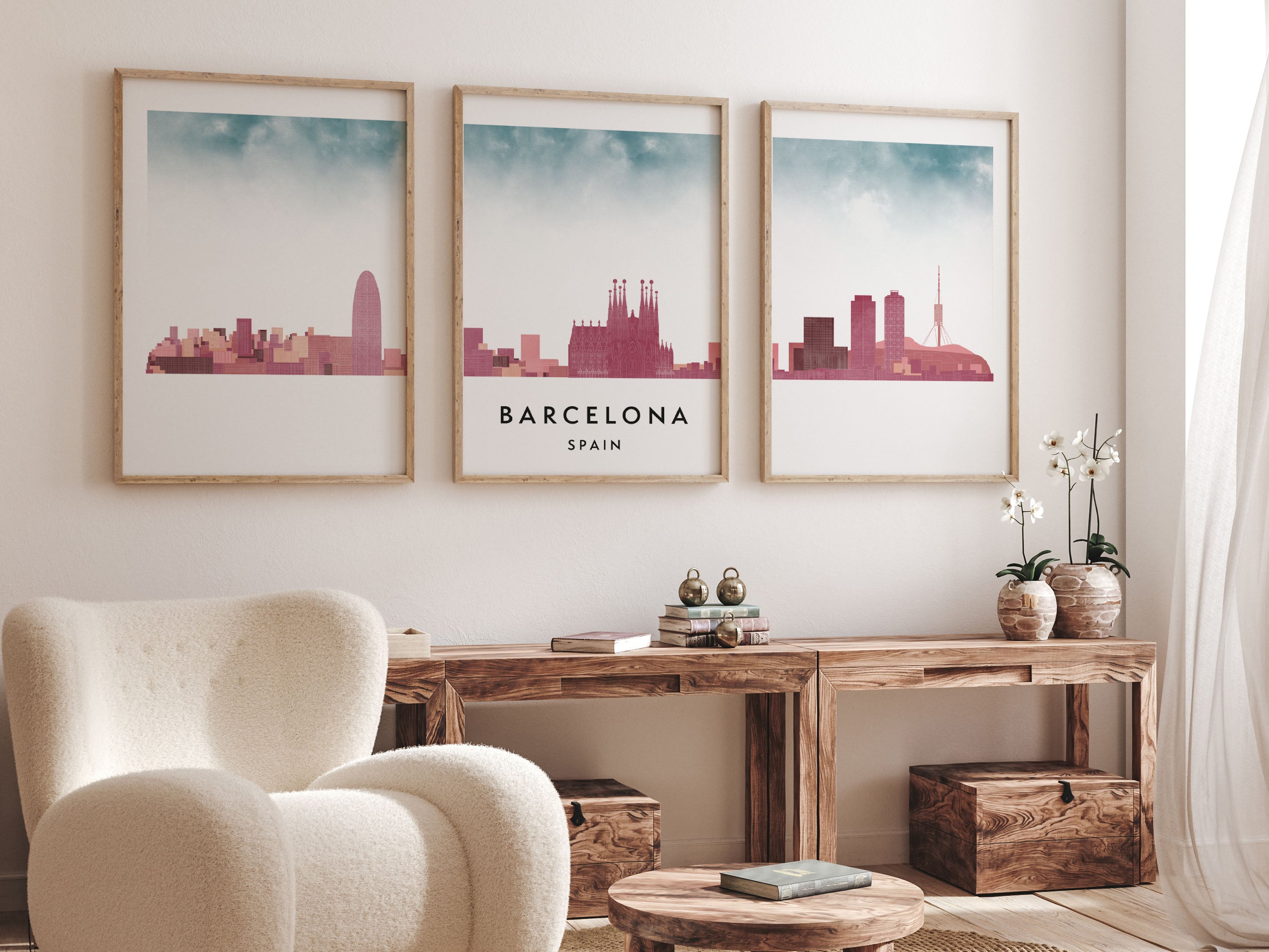 Barcelona Silhouette Triptych in Watercolor Style, Barcelona Skyline Poster, Barcelona Set of 3 Posters, Watercolor style