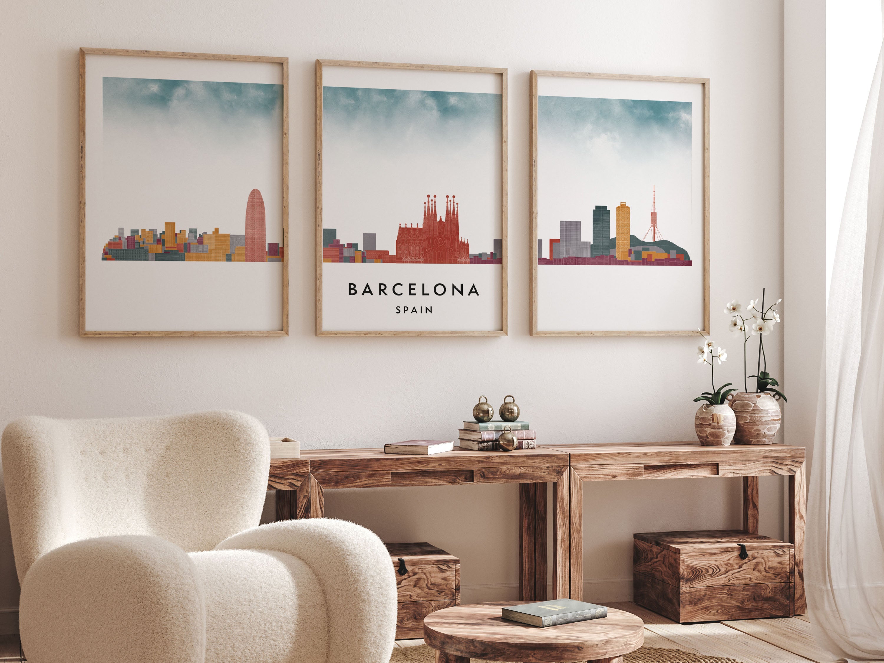 Barcelona Silhouette Triptych in Watercolor Style, Barcelona Skyline Poster, Barcelona Set of 3 Posters, Watercolor style