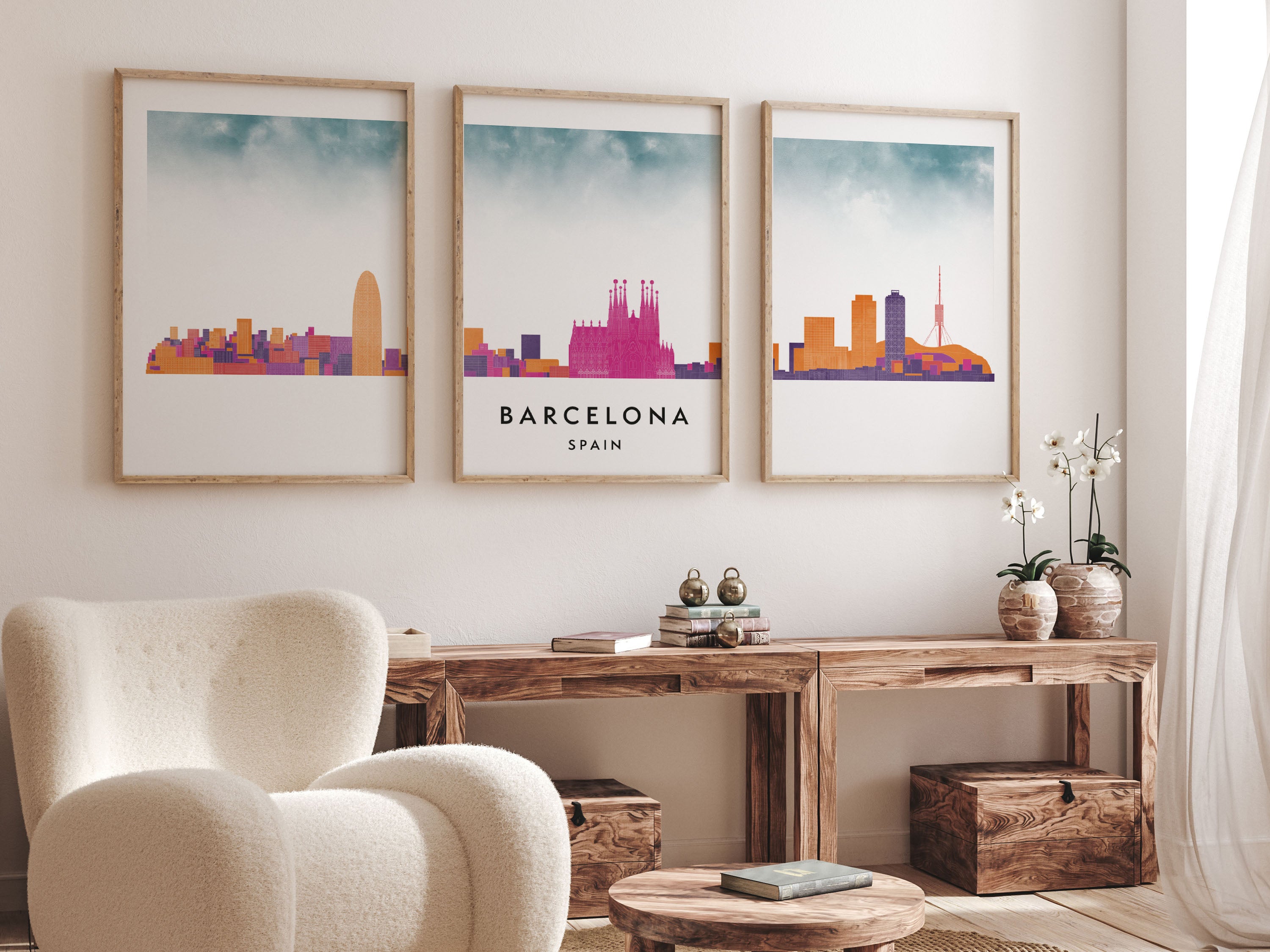Barcelona Silhouette Triptych in Watercolor Style, Barcelona Skyline Poster, Barcelona Set of 3 Posters, Watercolor style