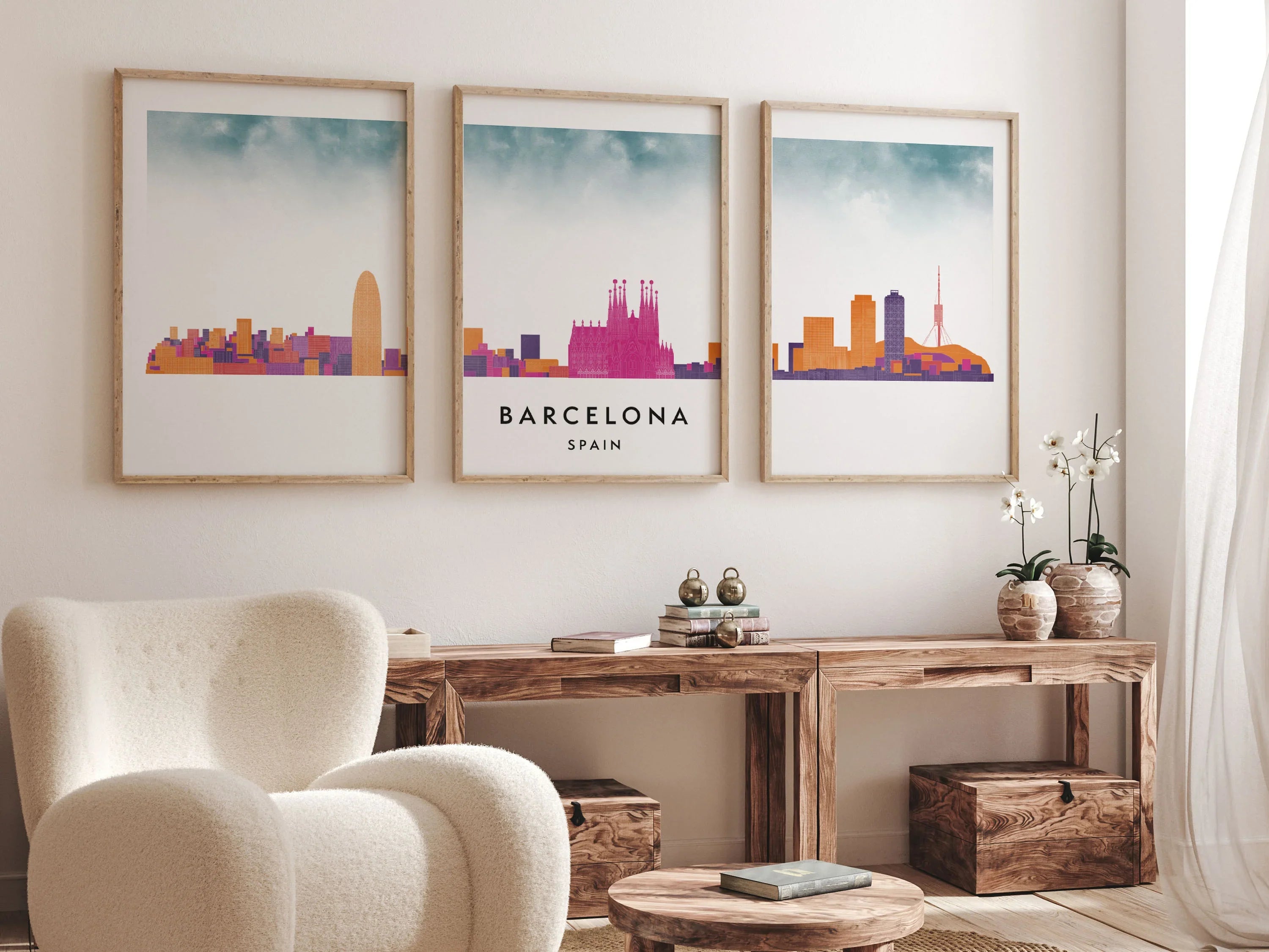 Barcelona Silhouette Triptych in Watercolor Style, Barcelona Skyline Poster, Barcelona Set of 3 Posters, Watercolor style