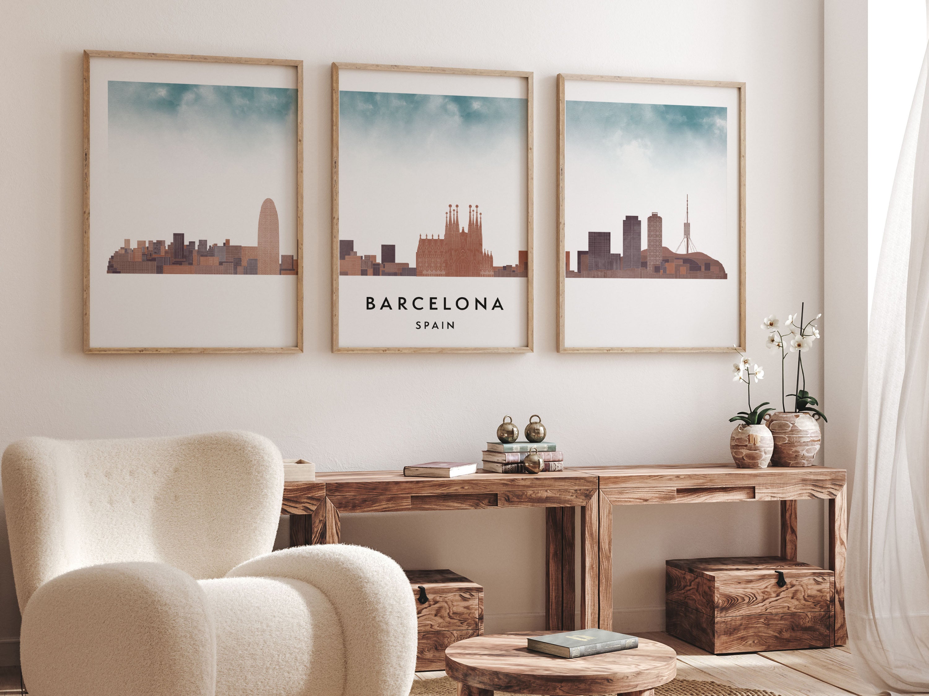 Barcelona Silhouette Triptych in Watercolor Style, Barcelona Skyline Poster, Barcelona Set of 3 Posters, Watercolor style