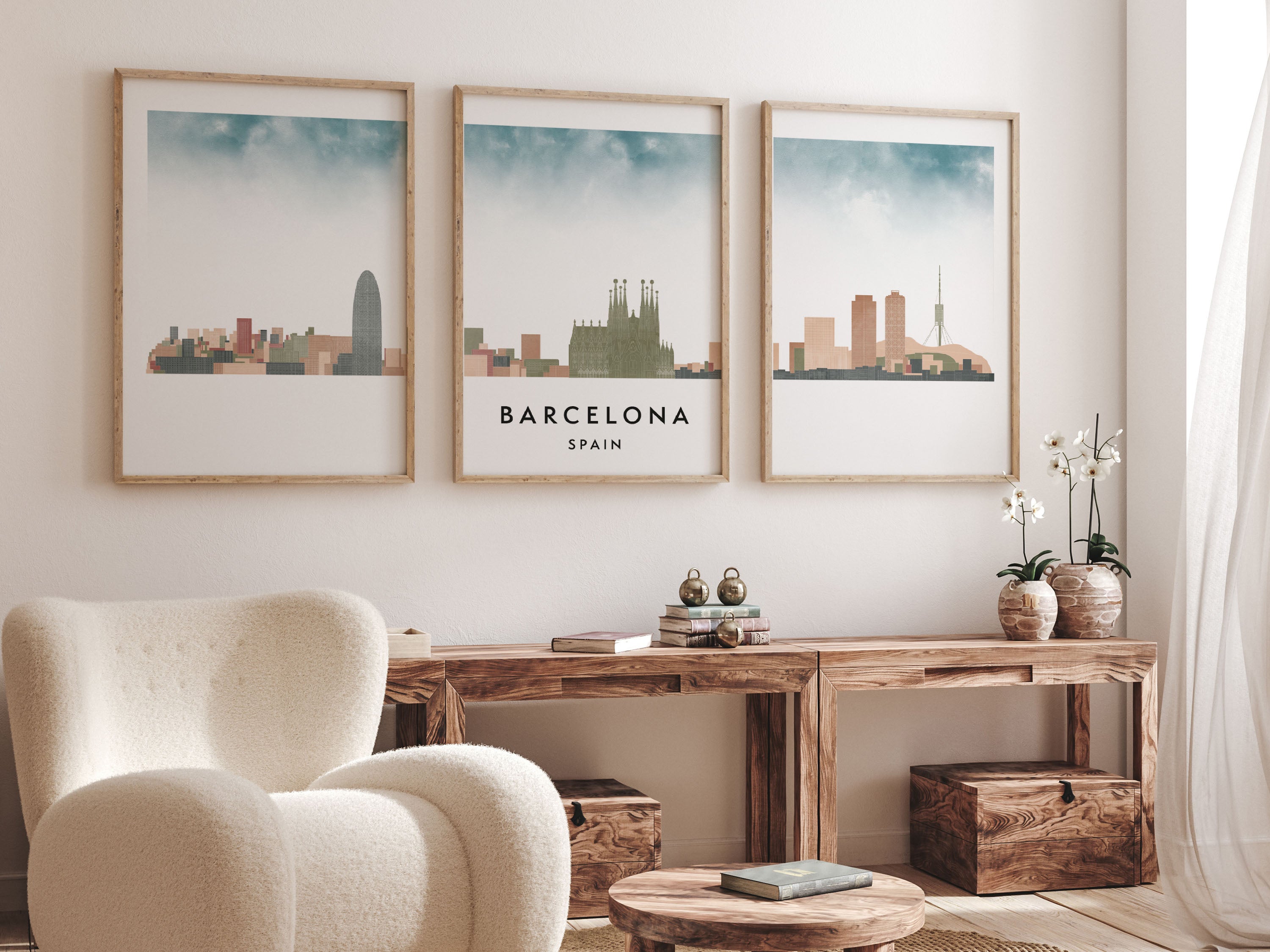 Barcelona Silhouette Triptych in Watercolor Style, Barcelona Skyline Poster, Barcelona Set of 3 Posters, Watercolor style