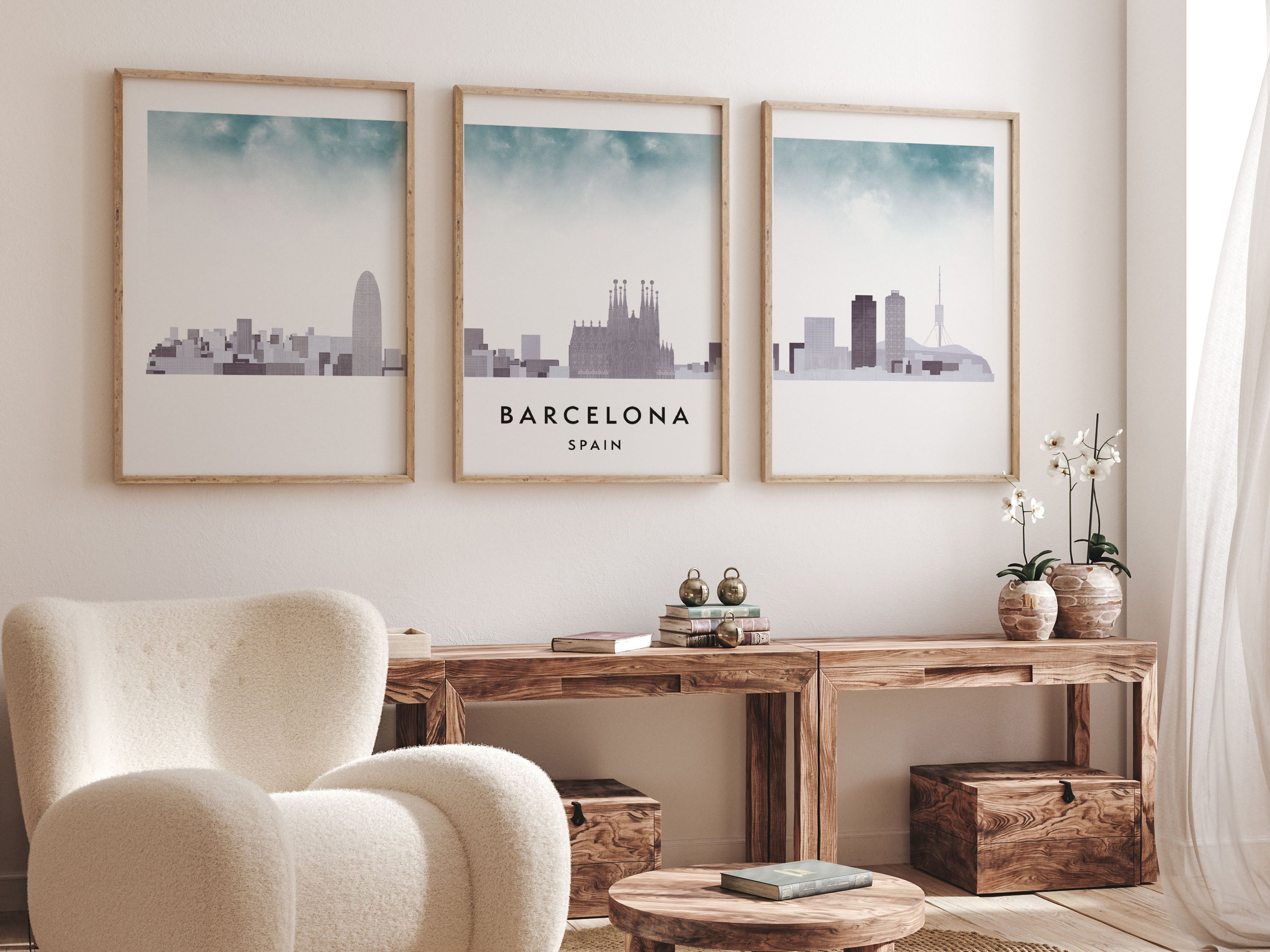 Barcelona Silhouette Triptych in Watercolor Style, Barcelona Skyline Poster, Barcelona Set of 3 Posters, Watercolor style
