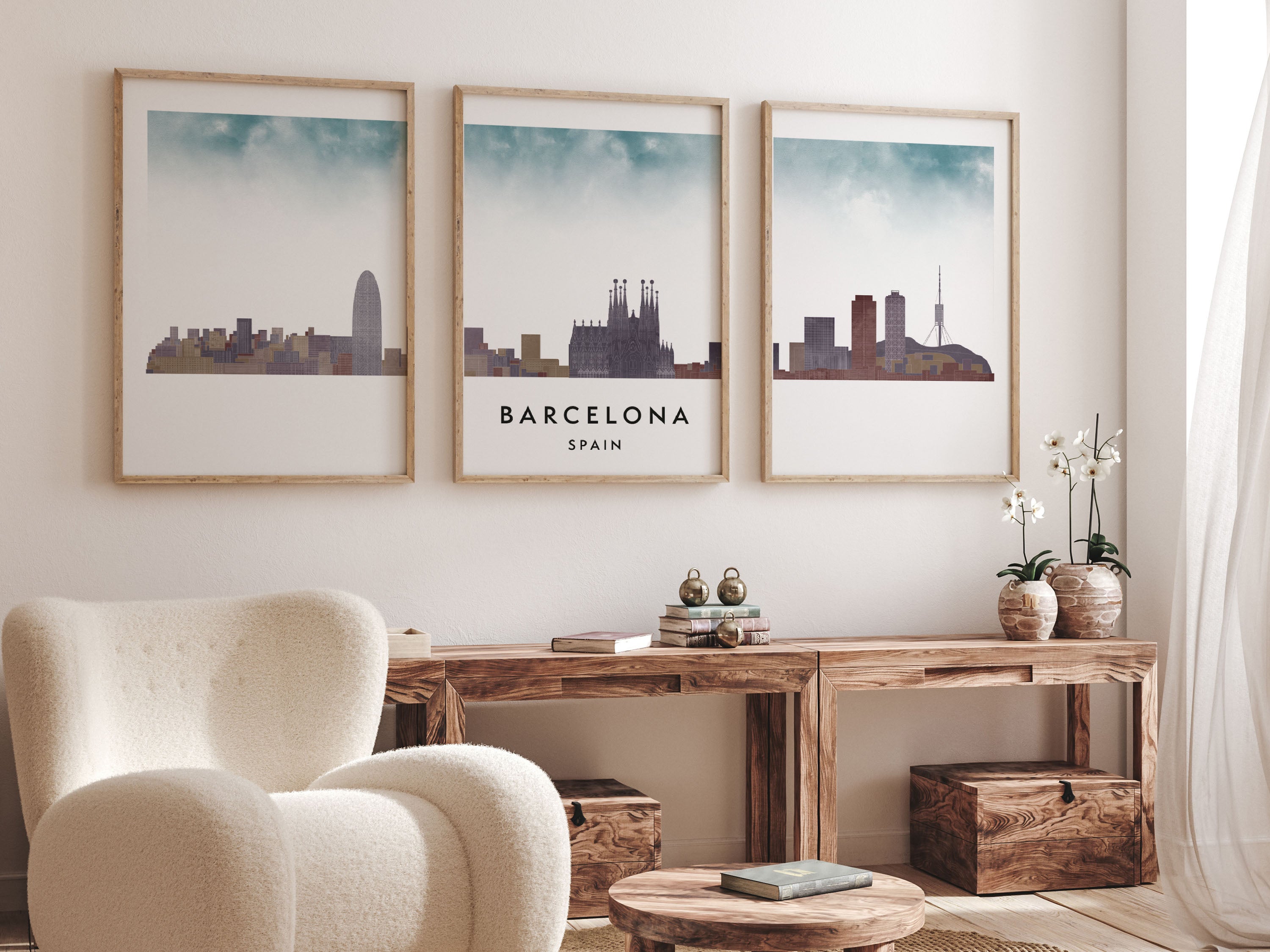 Barcelona Silhouette Triptych in Watercolor Style, Barcelona Skyline Poster, Barcelona Set of 3 Posters, Watercolor style