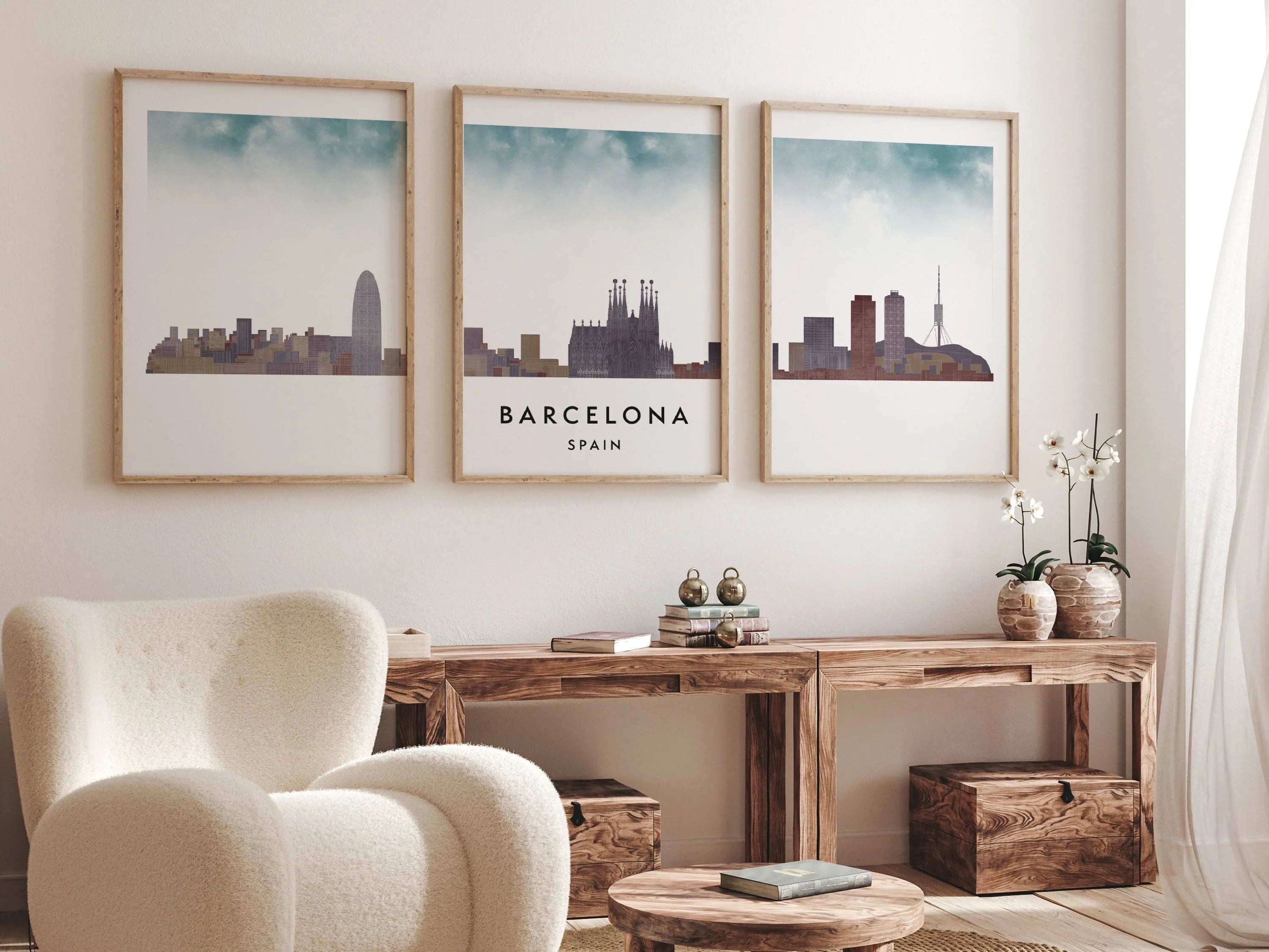 Barcelona Silhouette Triptych in Watercolor Style, Barcelona Skyline Poster, Barcelona Set of 3 Posters, Watercolor style
