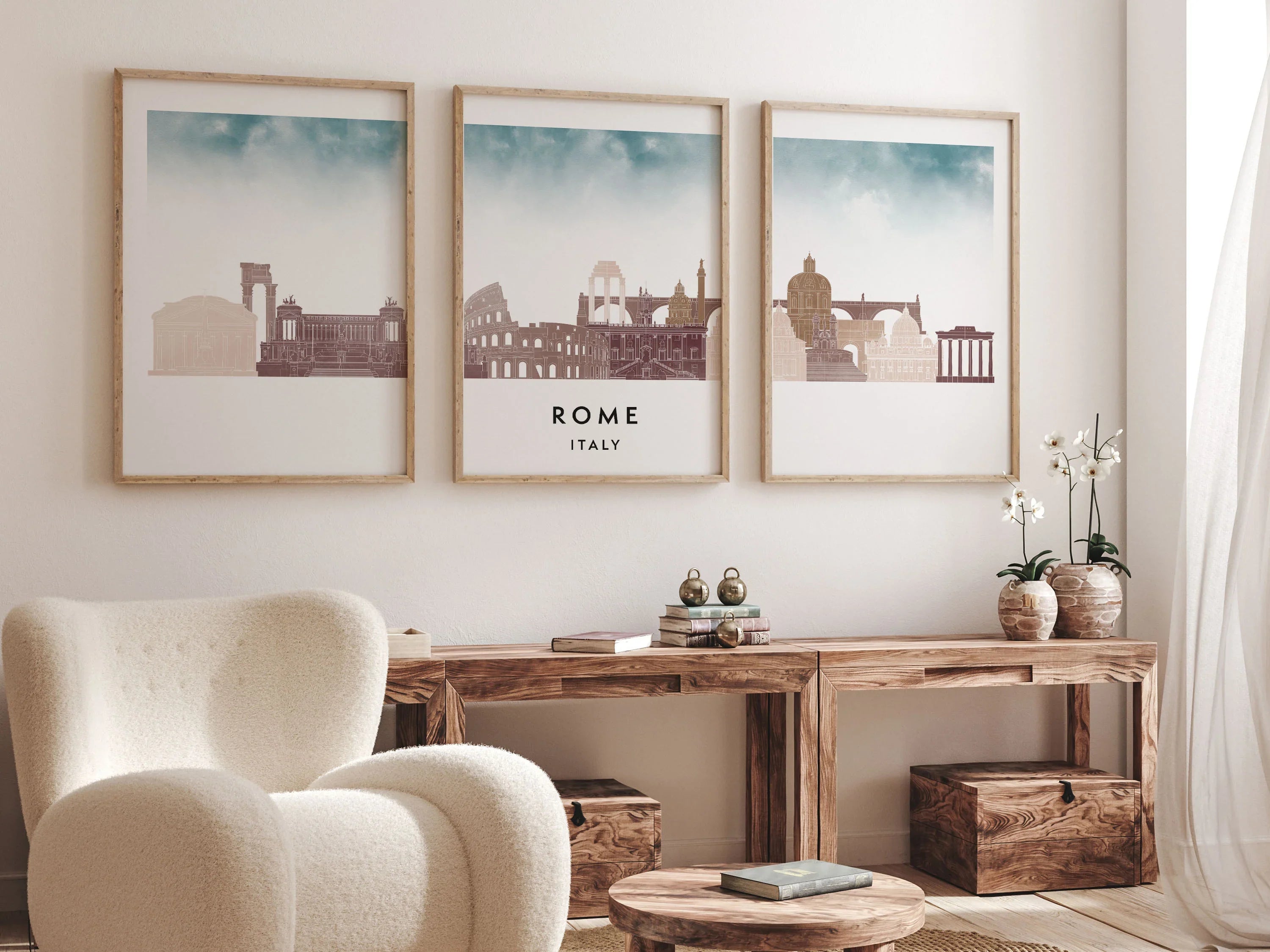 Rome Silhouette Triptych in Watercolor Style, Rome Skyline Poster, Rome Set of 3 Posters, Watercolor style