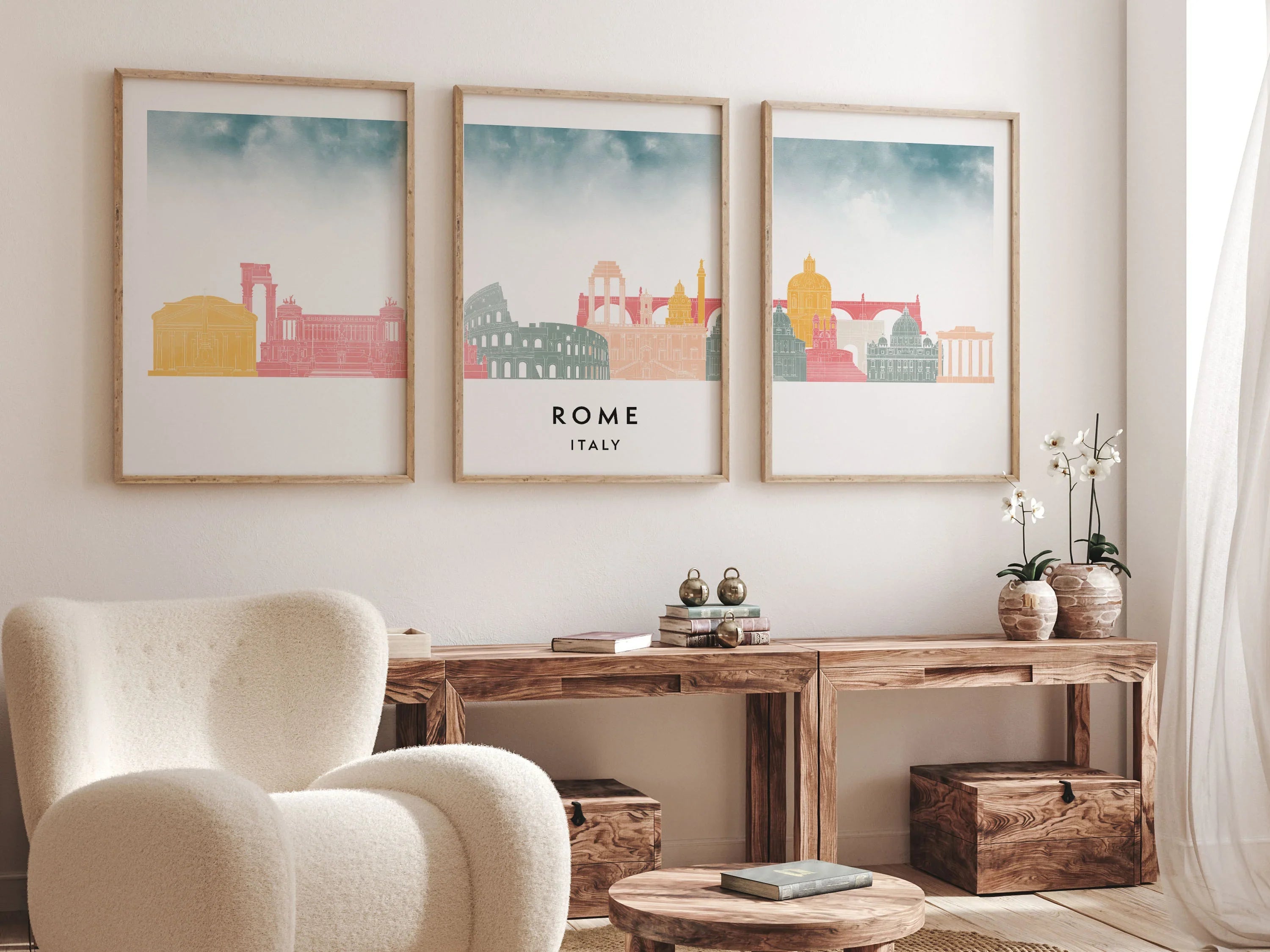 Rome Silhouette Triptych in Watercolor Style, Rome Skyline Poster, Rome Set of 3 Posters, Watercolor style