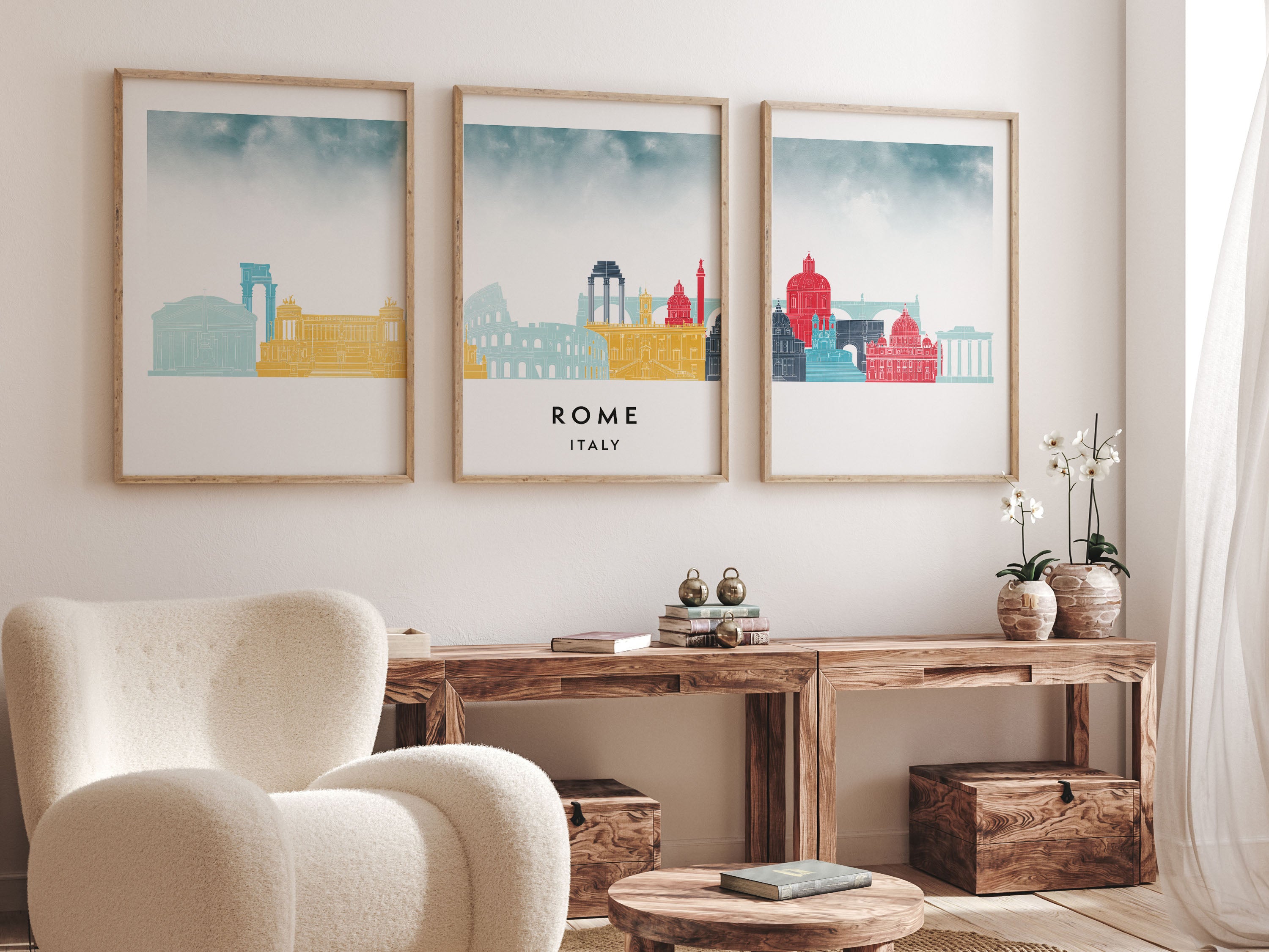 Rome Silhouette Triptych in Watercolor Style, Rome Skyline Poster, Rome Set of 3 Posters, Watercolor style
