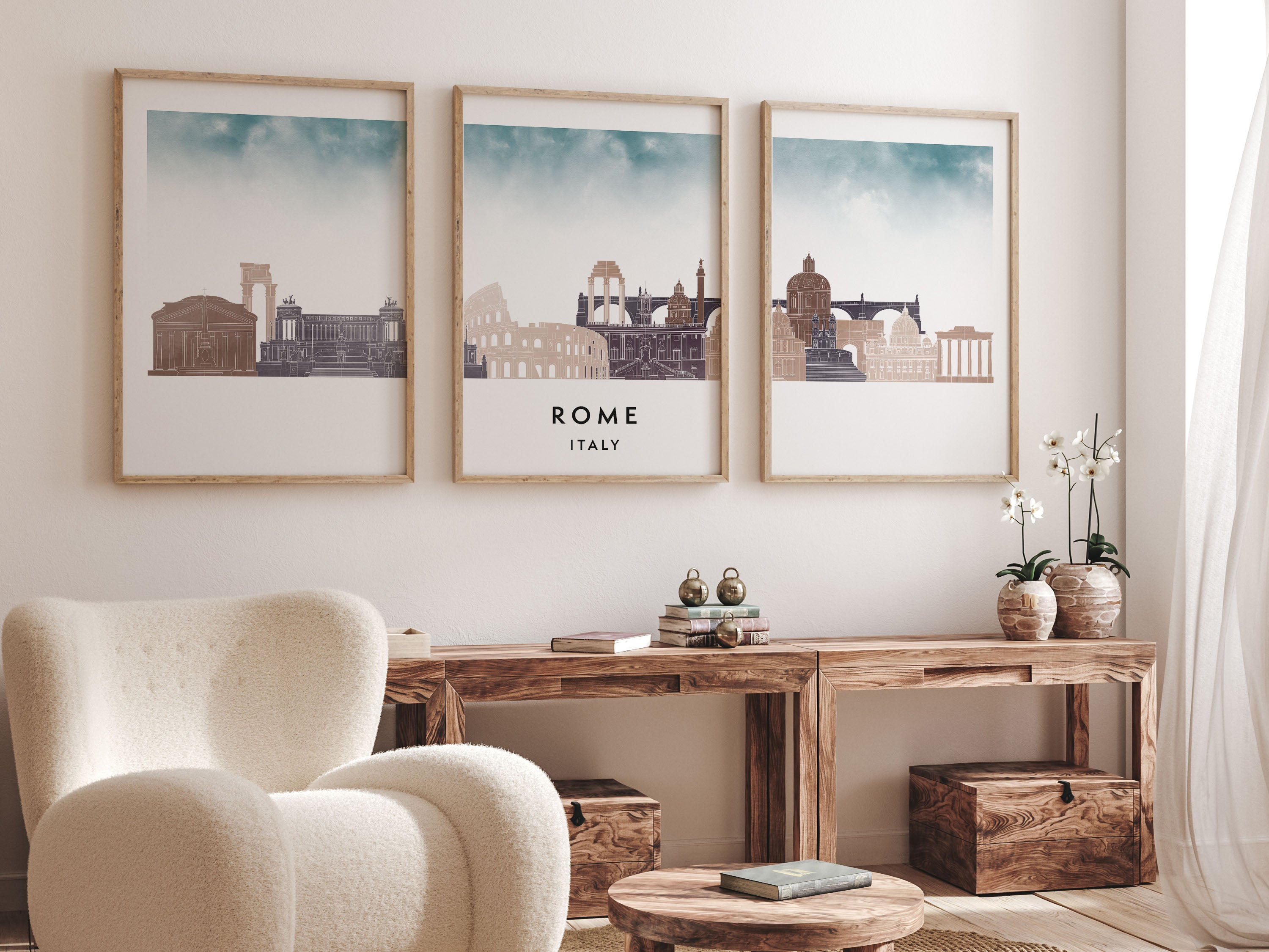 Rome Silhouette Triptych in Watercolor Style, Rome Skyline Poster, Rome Set of 3 Posters, Watercolor style
