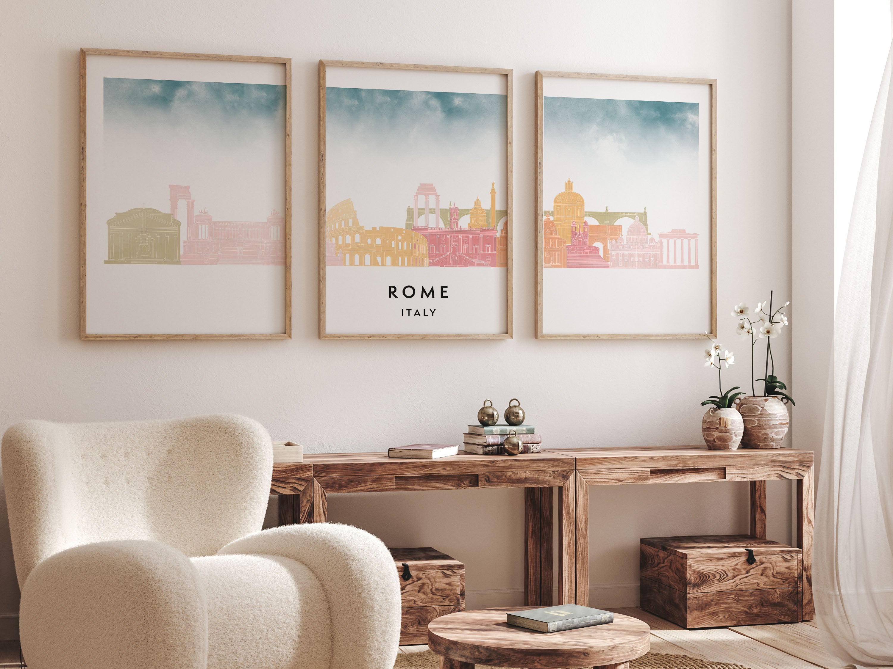 Rome Silhouette Triptych in Watercolor Style, Rome Skyline Poster, Rome Set of 3 Posters, Watercolor style