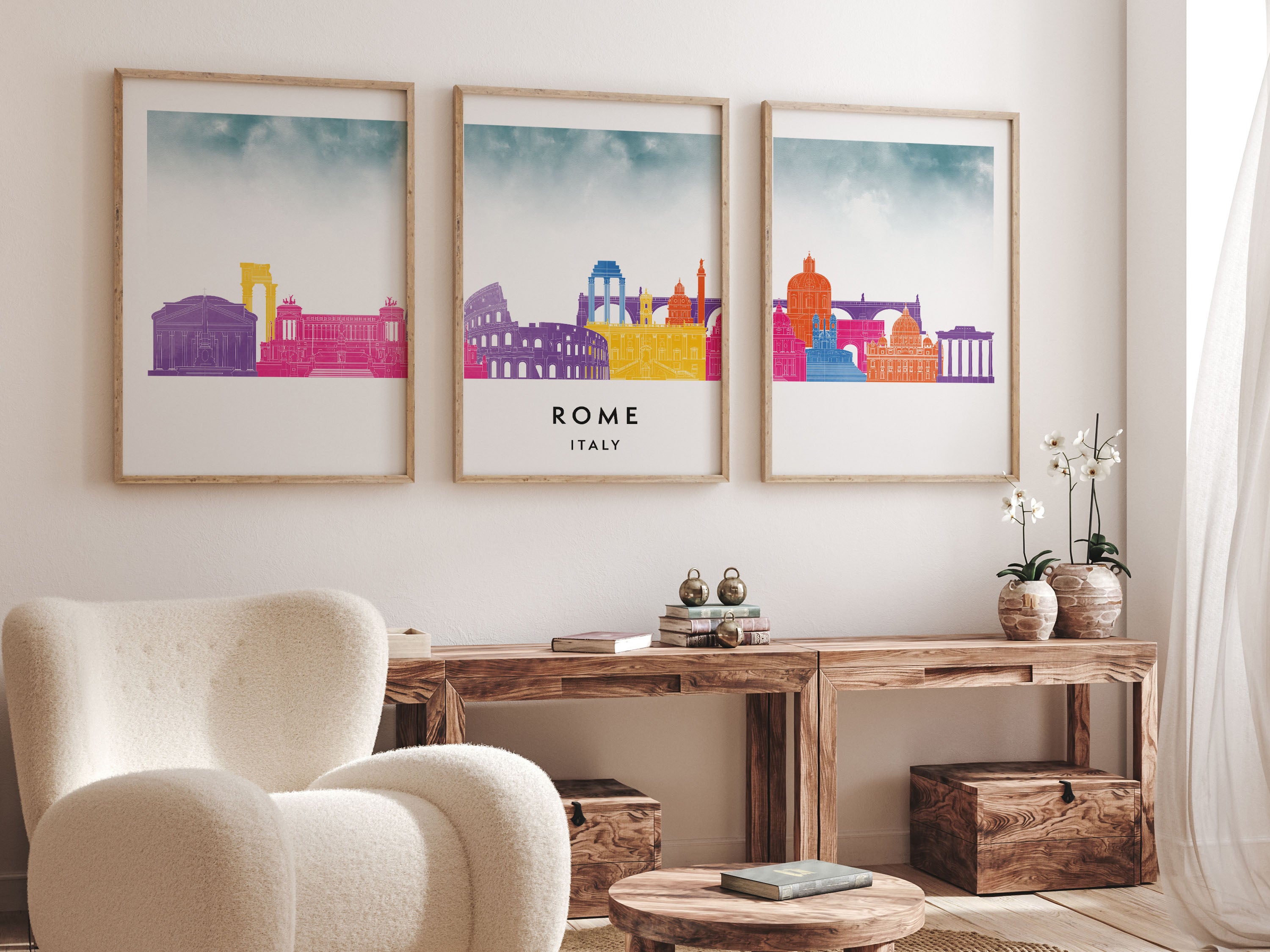 Rome Silhouette Triptych in Watercolor Style, Rome Skyline Poster, Rome Set of 3 Posters, Watercolor style