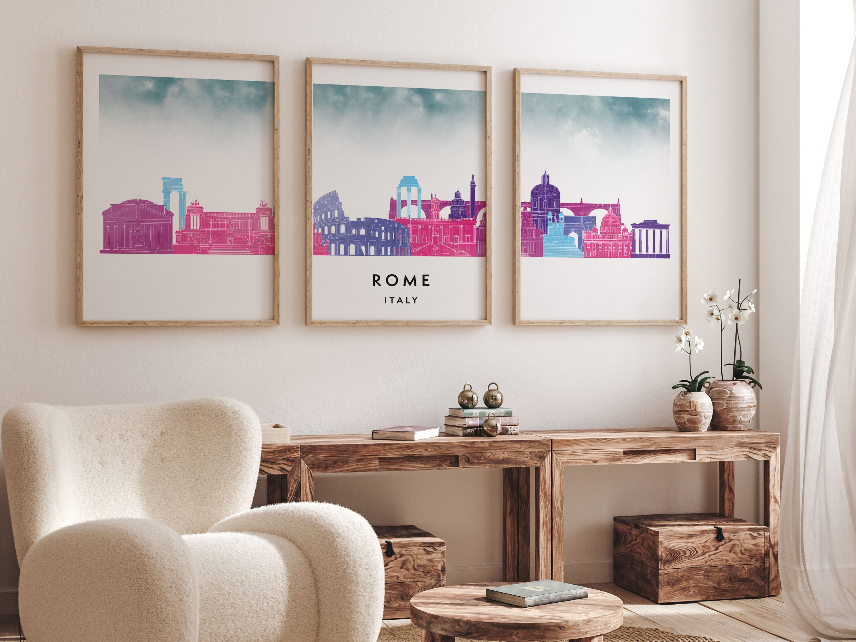 Rome Silhouette Triptych in Watercolor Style, Rome Skyline Poster, Rome Set of 3 Posters