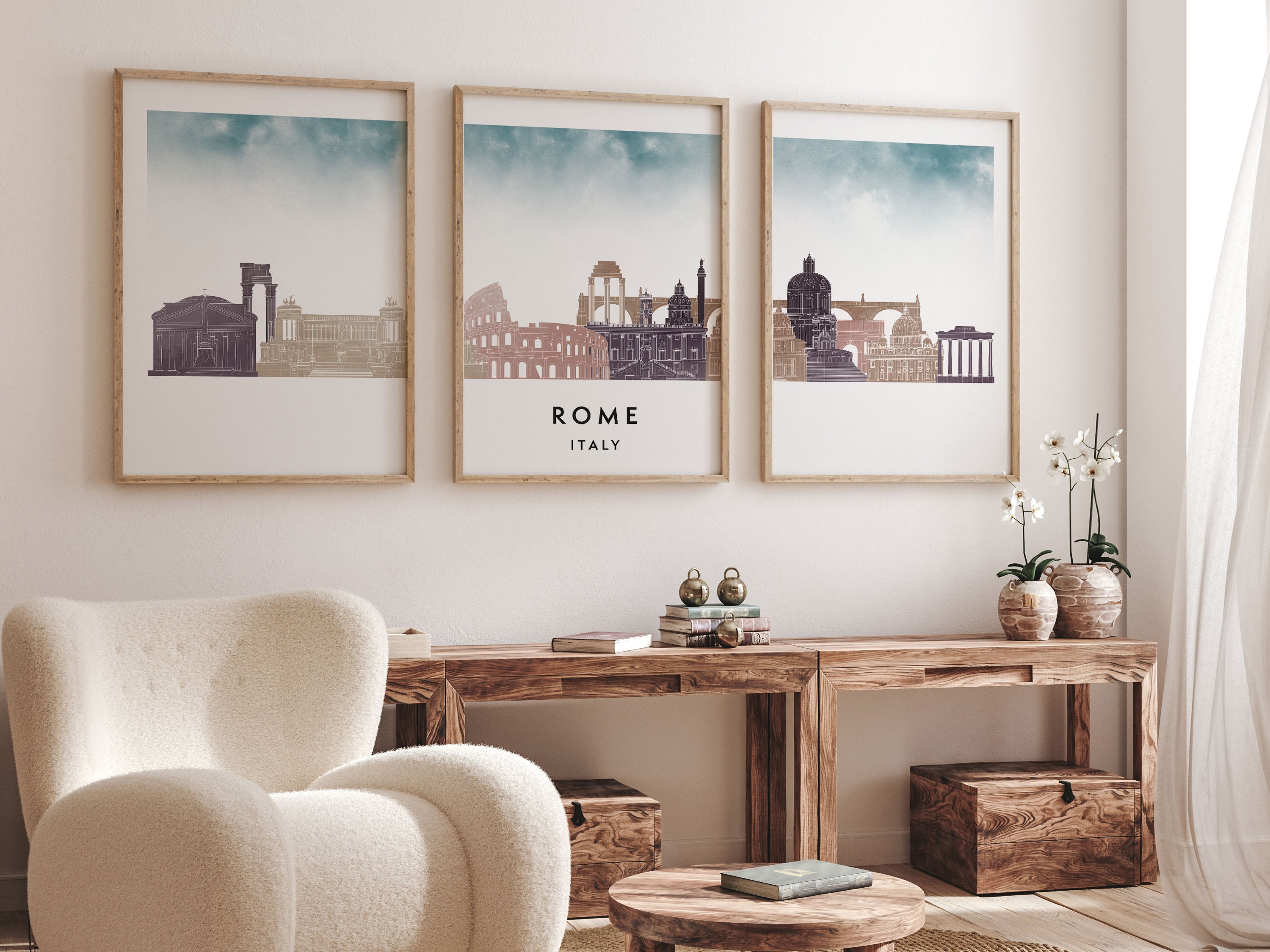 Rome Silhouette Triptych in Watercolor Style, Rome Skyline Poster, Rome Set of 3 Posters, Watercolor style