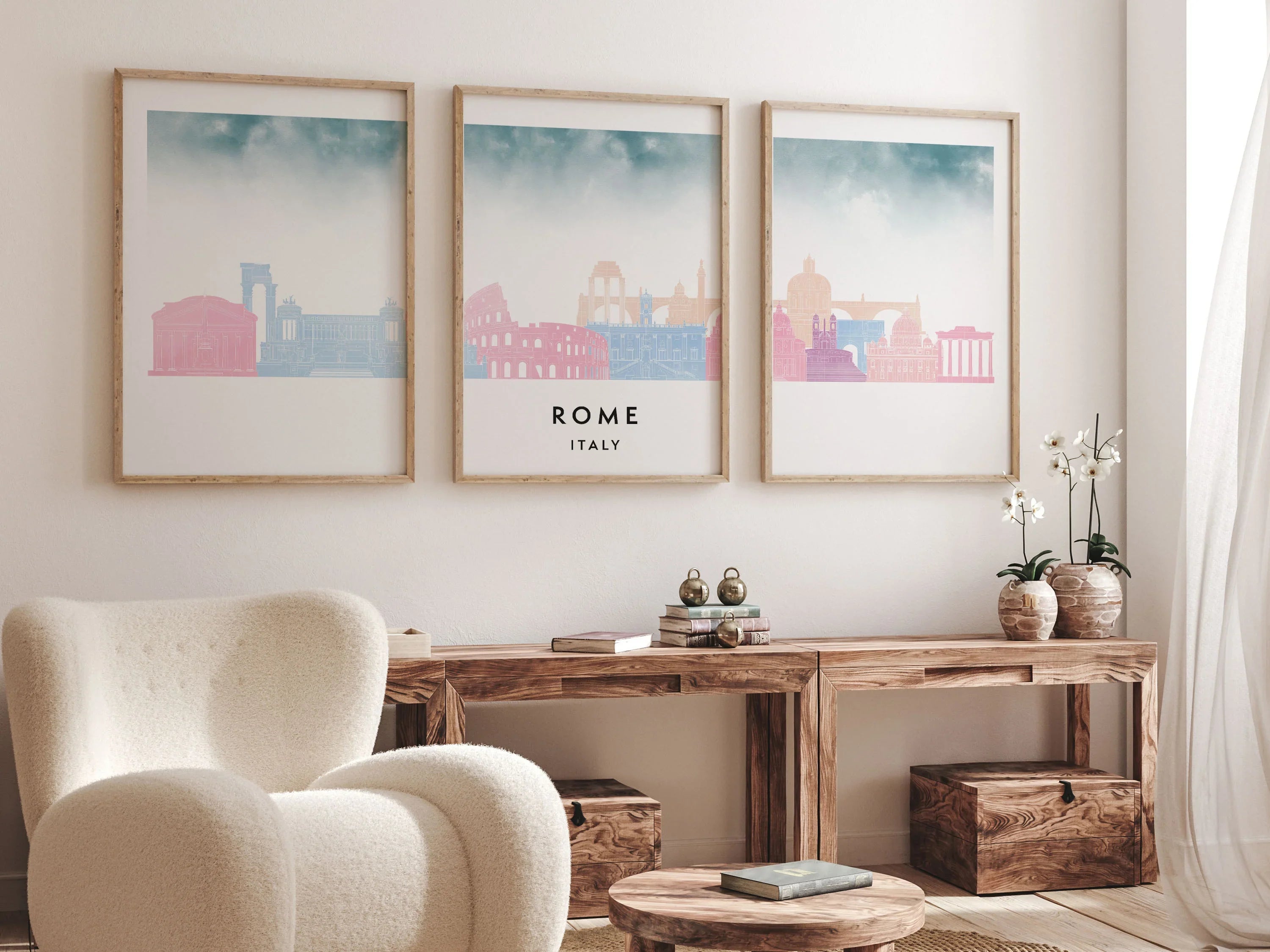 Rome Silhouette Triptych in Watercolor Style, Rome Skyline Poster, Rome Set of 3 Posters, Watercolor style