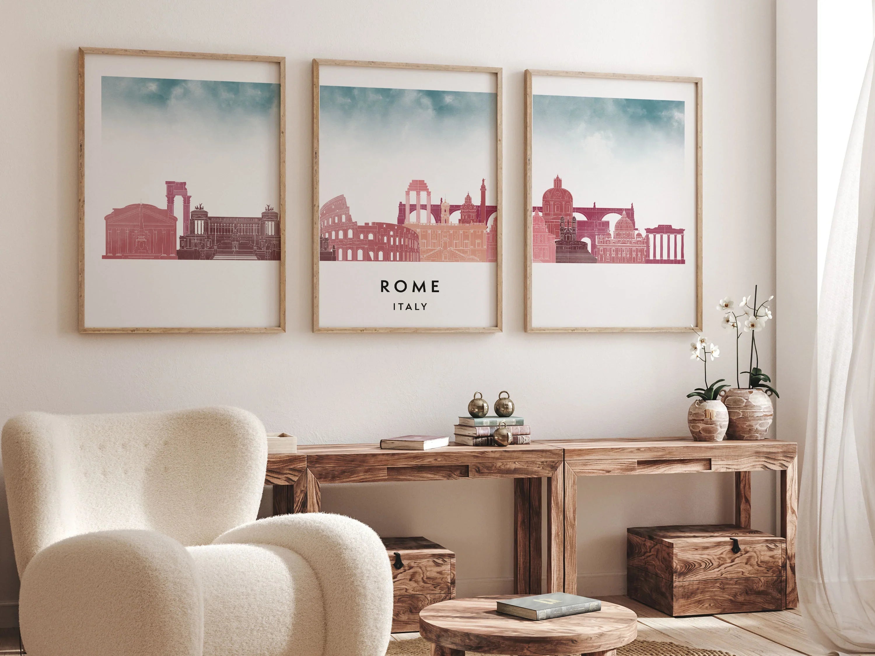 Rome Silhouette Triptych in Watercolor Style, Rome Skyline Poster, Rome Set of 3 Posters, Watercolor style