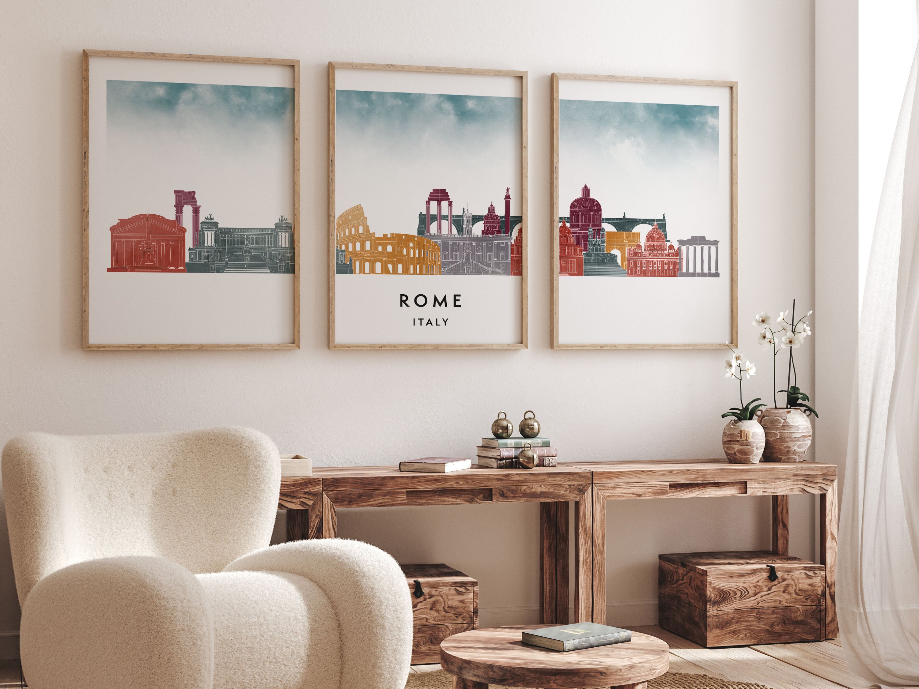 Rome Silhouette Triptych in Watercolor Style, Rome Skyline Poster, Rome Set of 3 Posters, Watercolor style