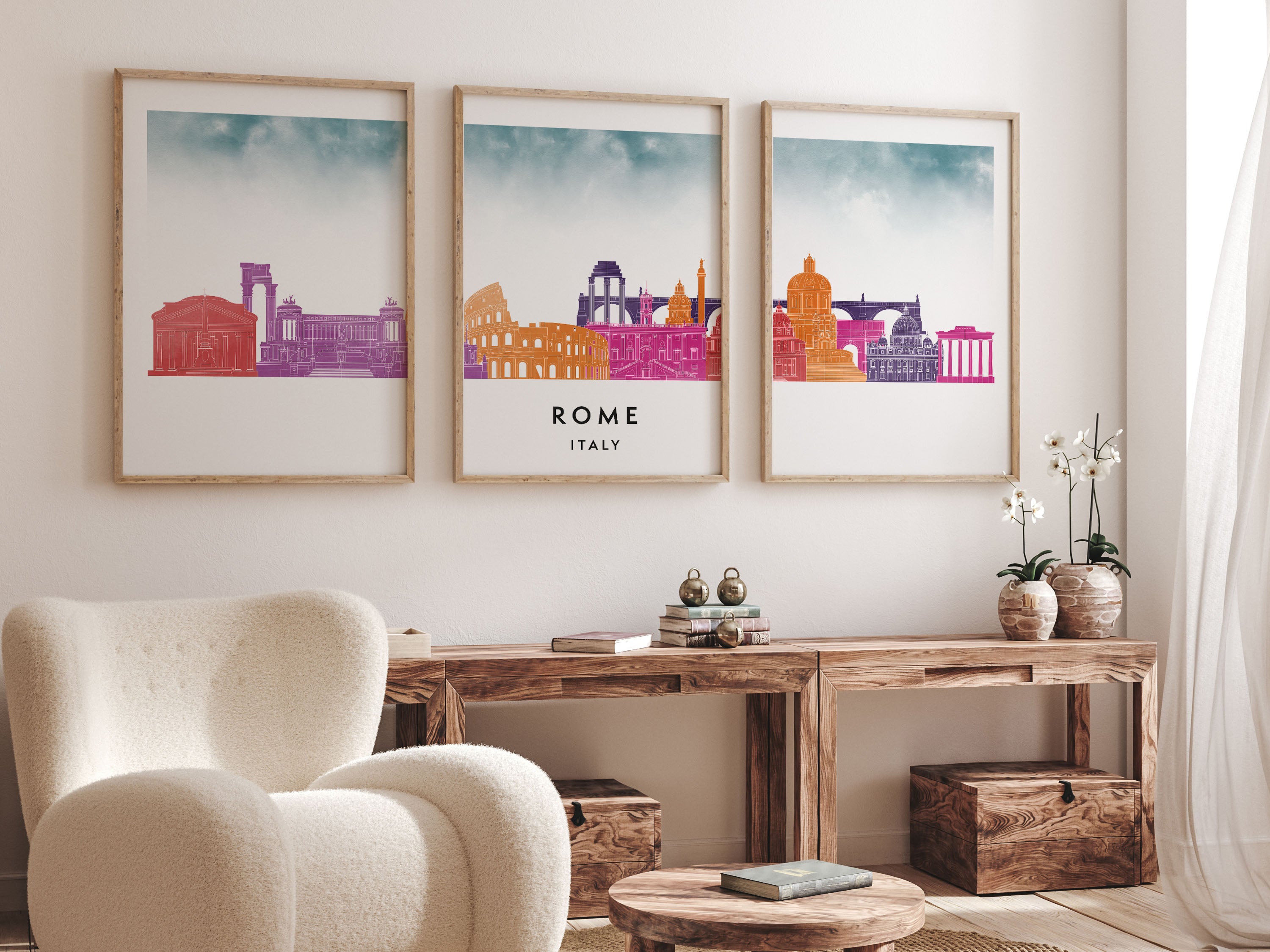 Rome Silhouette Triptych in Watercolor Style, Rome Skyline Poster, Rome Set of 3 Posters