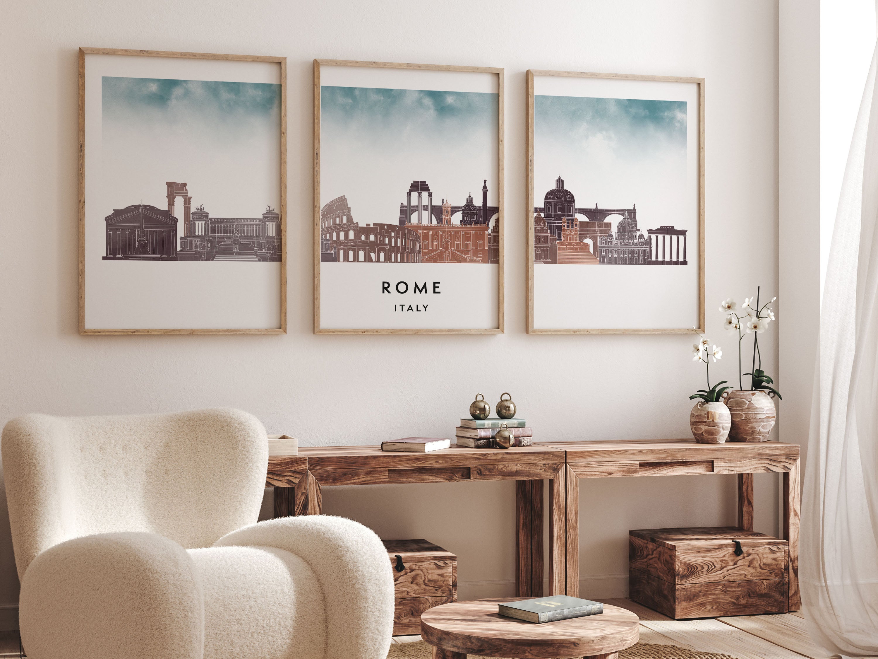 Rome Silhouette Triptych in Watercolor Style, Rome Skyline Poster, Rome Set of 3 Posters, Watercolor style