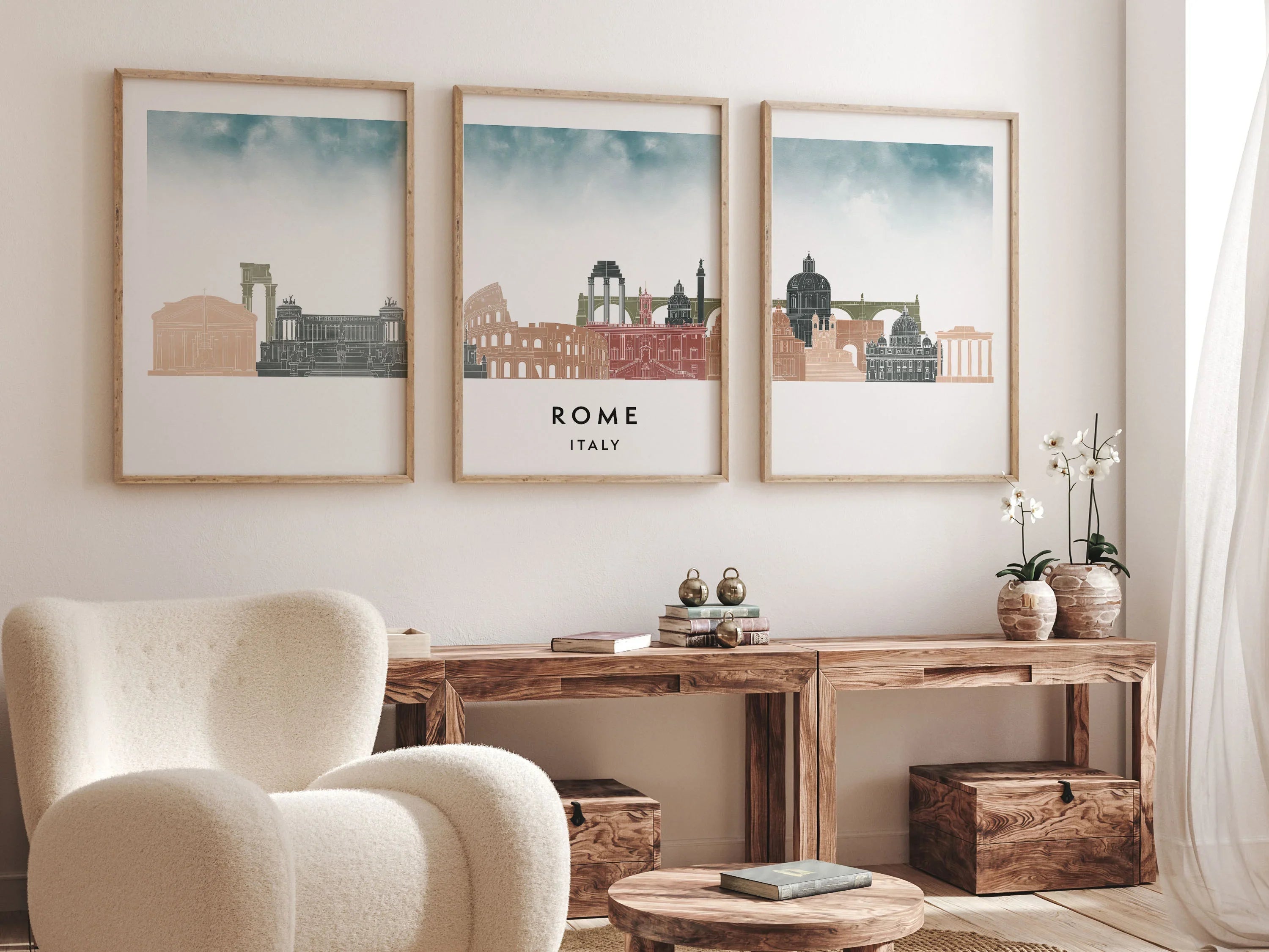 Rome Silhouette Triptych in Watercolor Style, Rome Skyline Poster, Rome Set of 3 Posters, Watercolor style