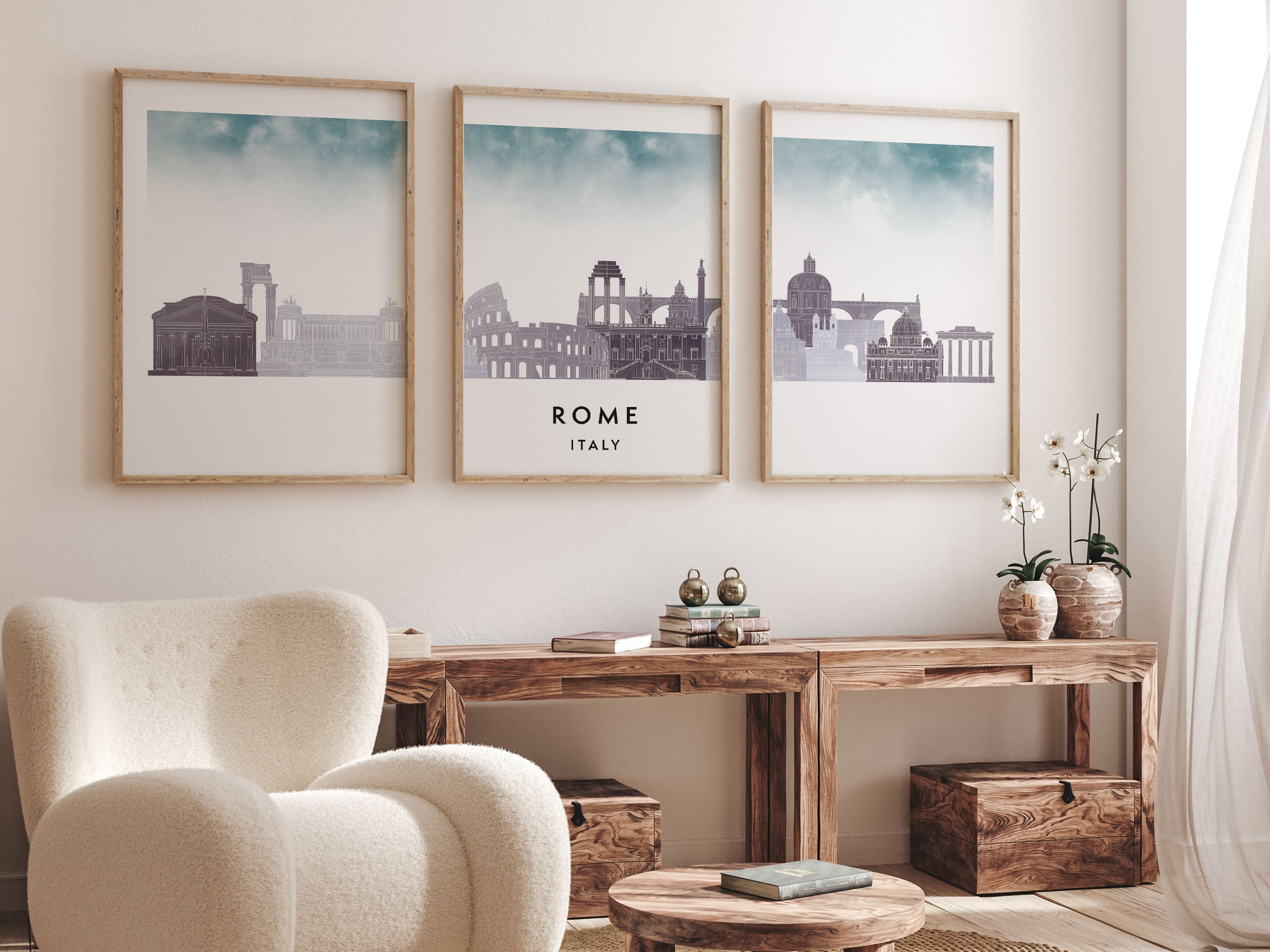 Rome Silhouette Triptych in Watercolor Style, Rome Skyline Poster, Rome Set of 3 Posters, Watercolor style
