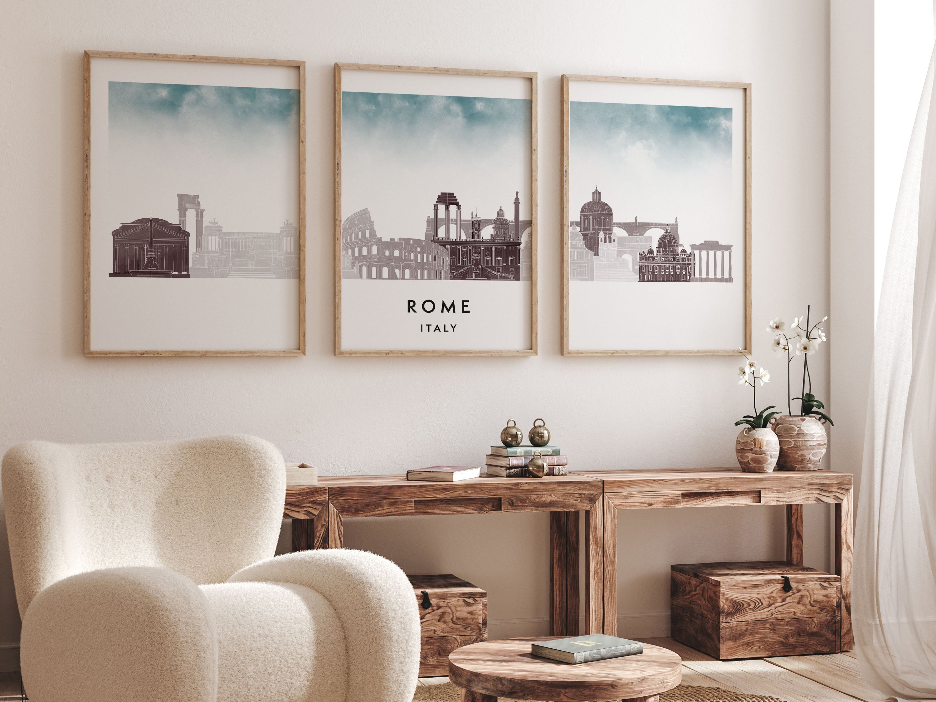 Rome Silhouette Triptych in Watercolor Style, Rome Skyline Poster, Rome Set of 3 Posters, Watercolor style