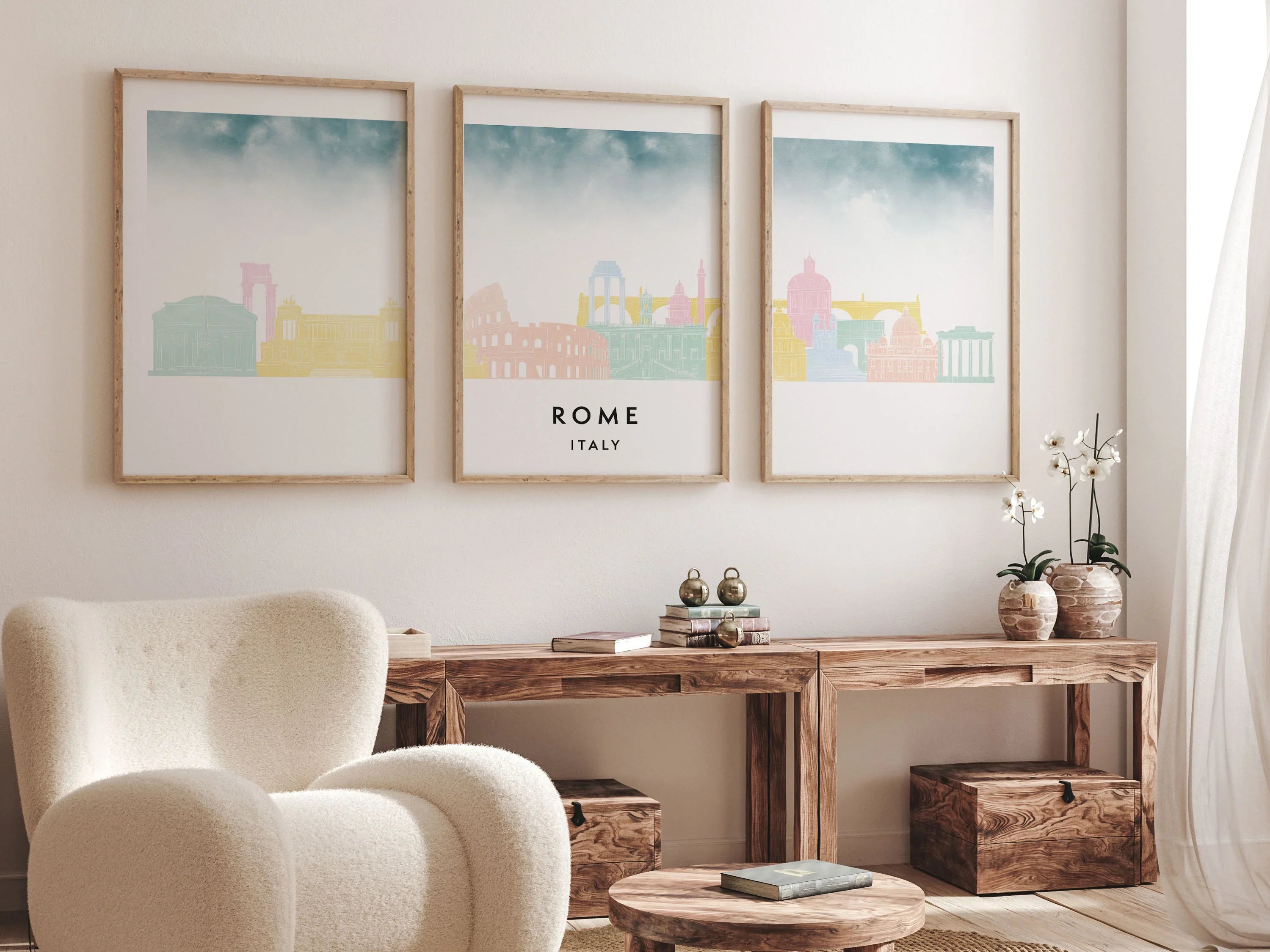 Rome Silhouette Triptych in Watercolor Style, Rome Skyline Poster, Rome Set of 3 Posters, Watercolor style