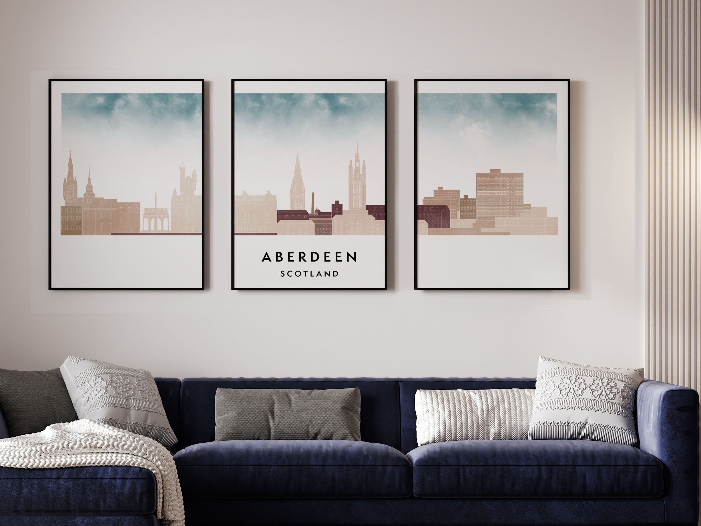 Aberdeen Silhouette Triptych in Watercolor Style, Aberdeen Skyline Poster, Aberdeen Set of 3 Posters, Watercolor style