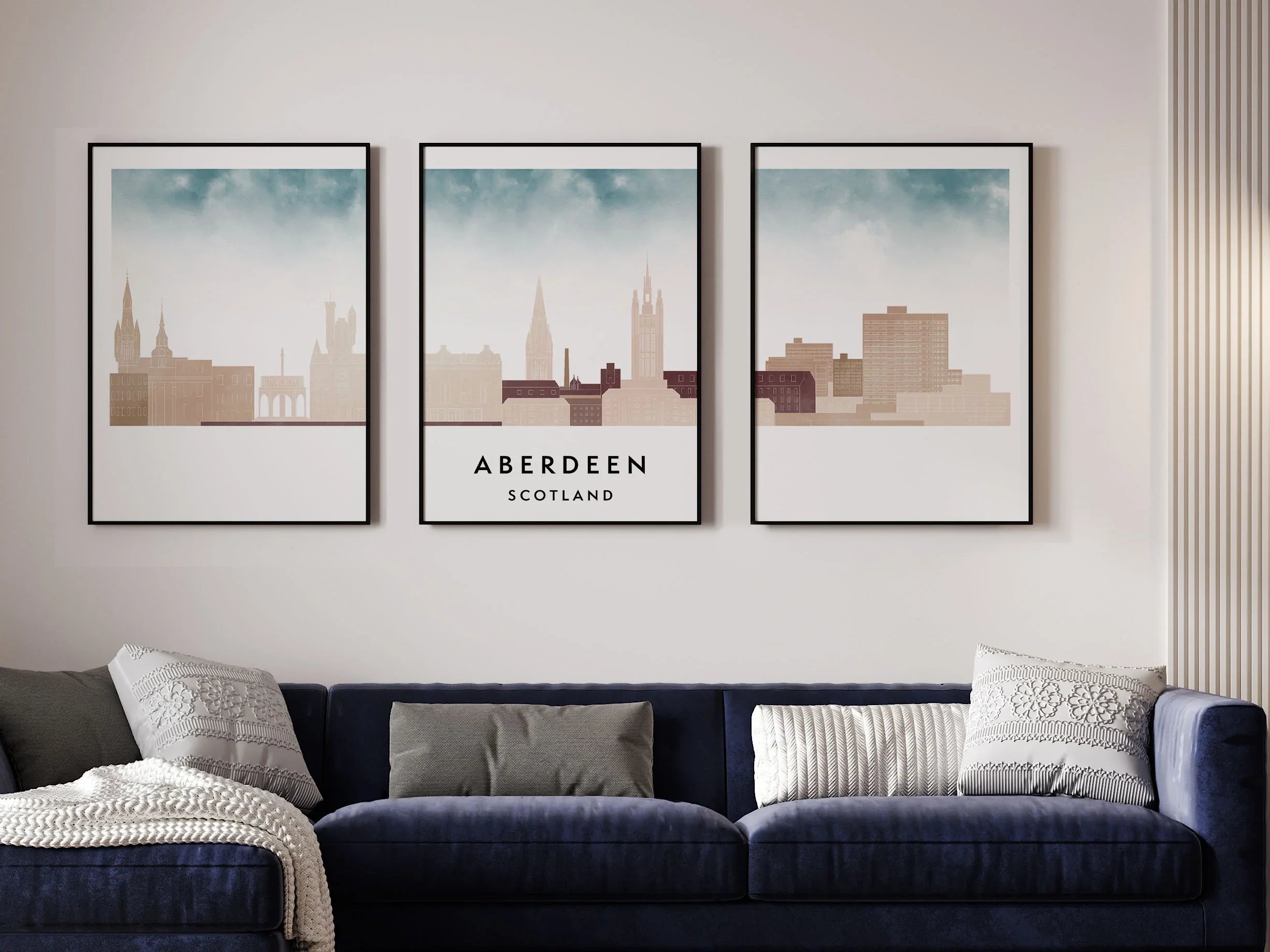 Aberdeen Silhouette Triptych in Watercolor Style, Aberdeen Skyline Poster, Aberdeen Set of 3 Posters, Watercolor style