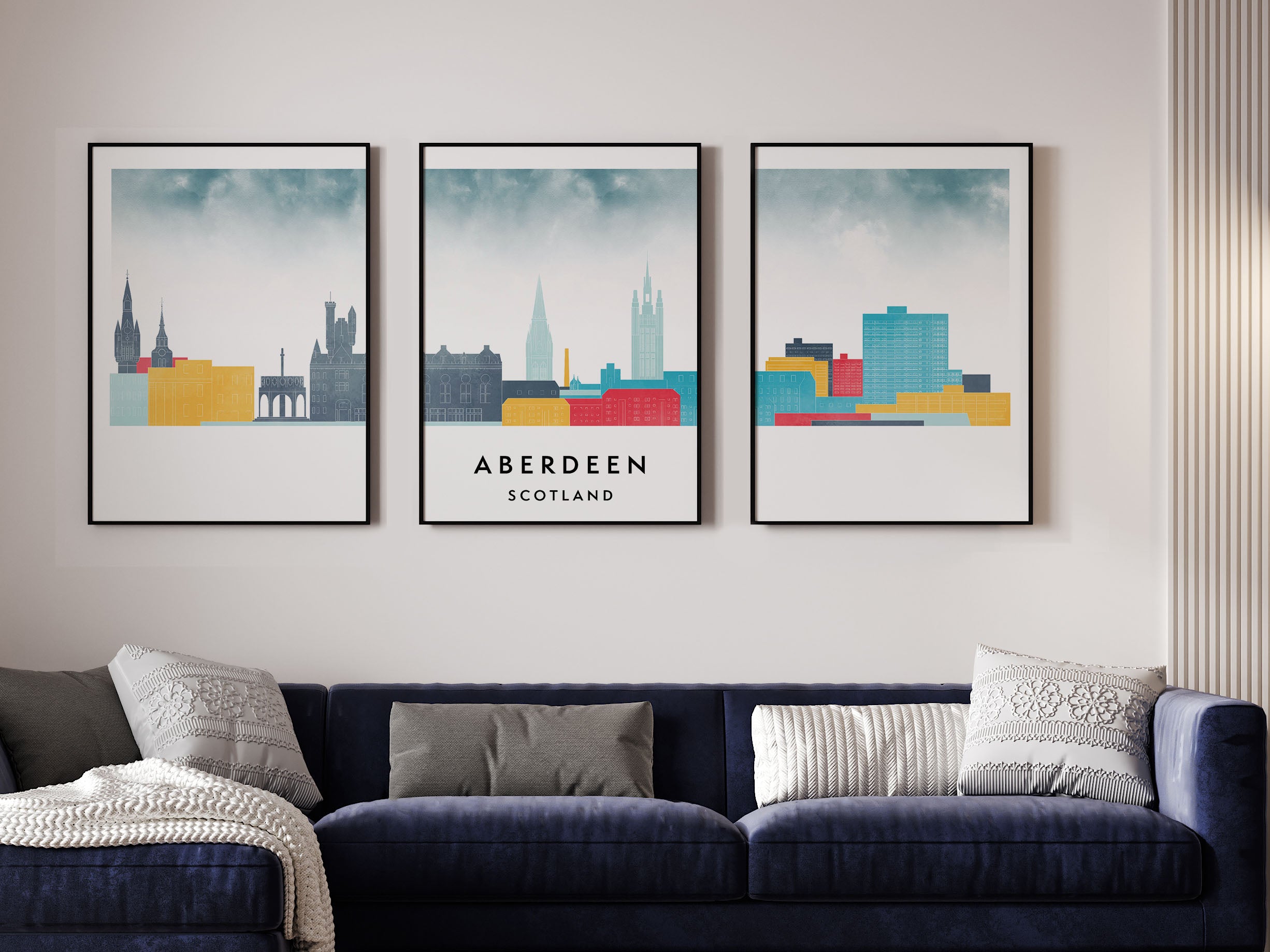 Aberdeen Silhouette Triptych in Watercolor Style, Aberdeen Skyline Poster, Aberdeen Set of 3 Posters, Watercolor style
