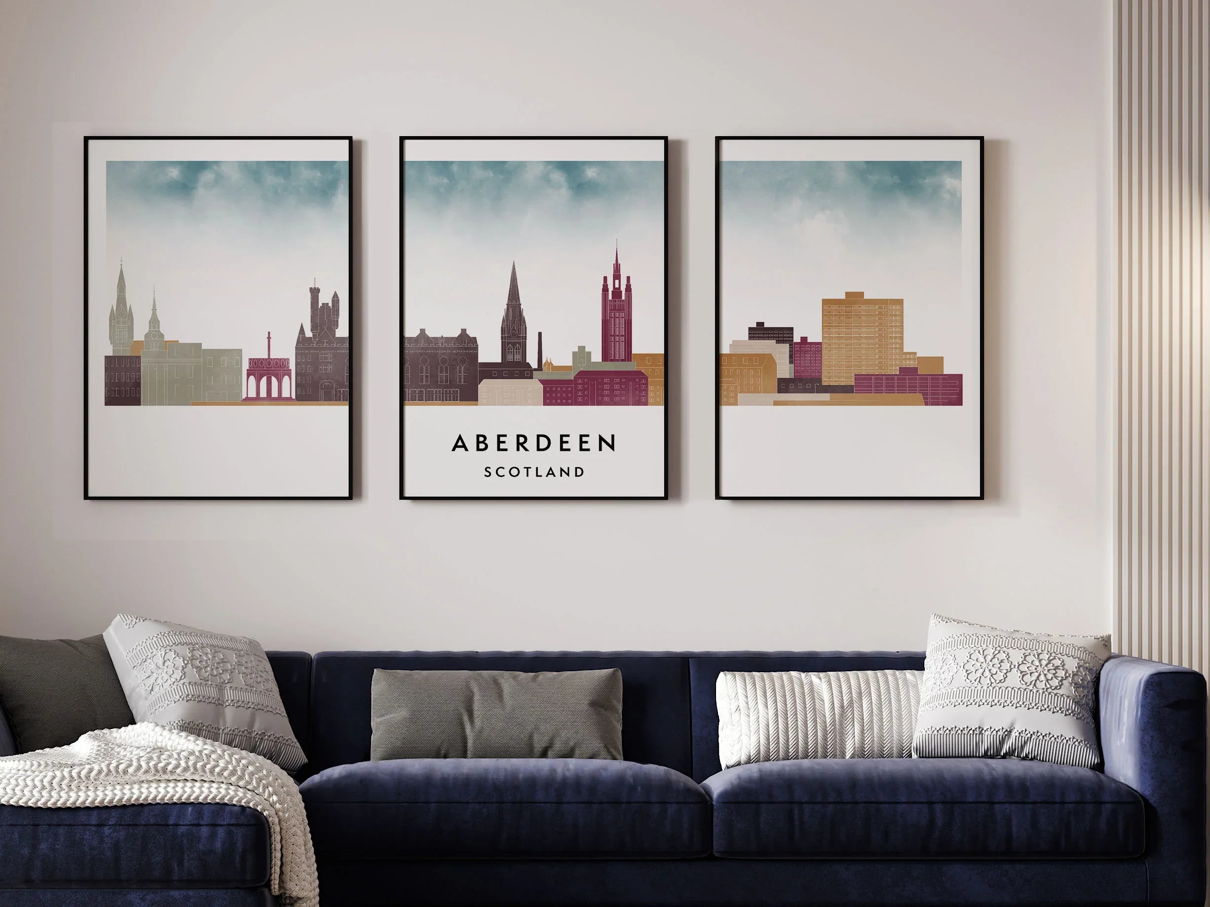 Aberdeen Silhouette Triptych in Watercolor Style, Aberdeen Skyline Poster, Aberdeen Set of 3 Posters, Watercolor style