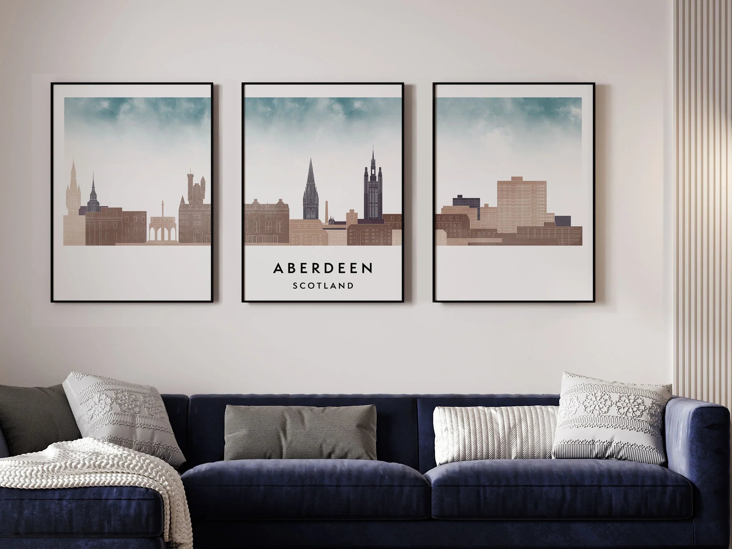 Aberdeen Silhouette Triptych in Watercolor Style, Aberdeen Skyline Poster, Aberdeen Set of 3 Posters, Watercolor style