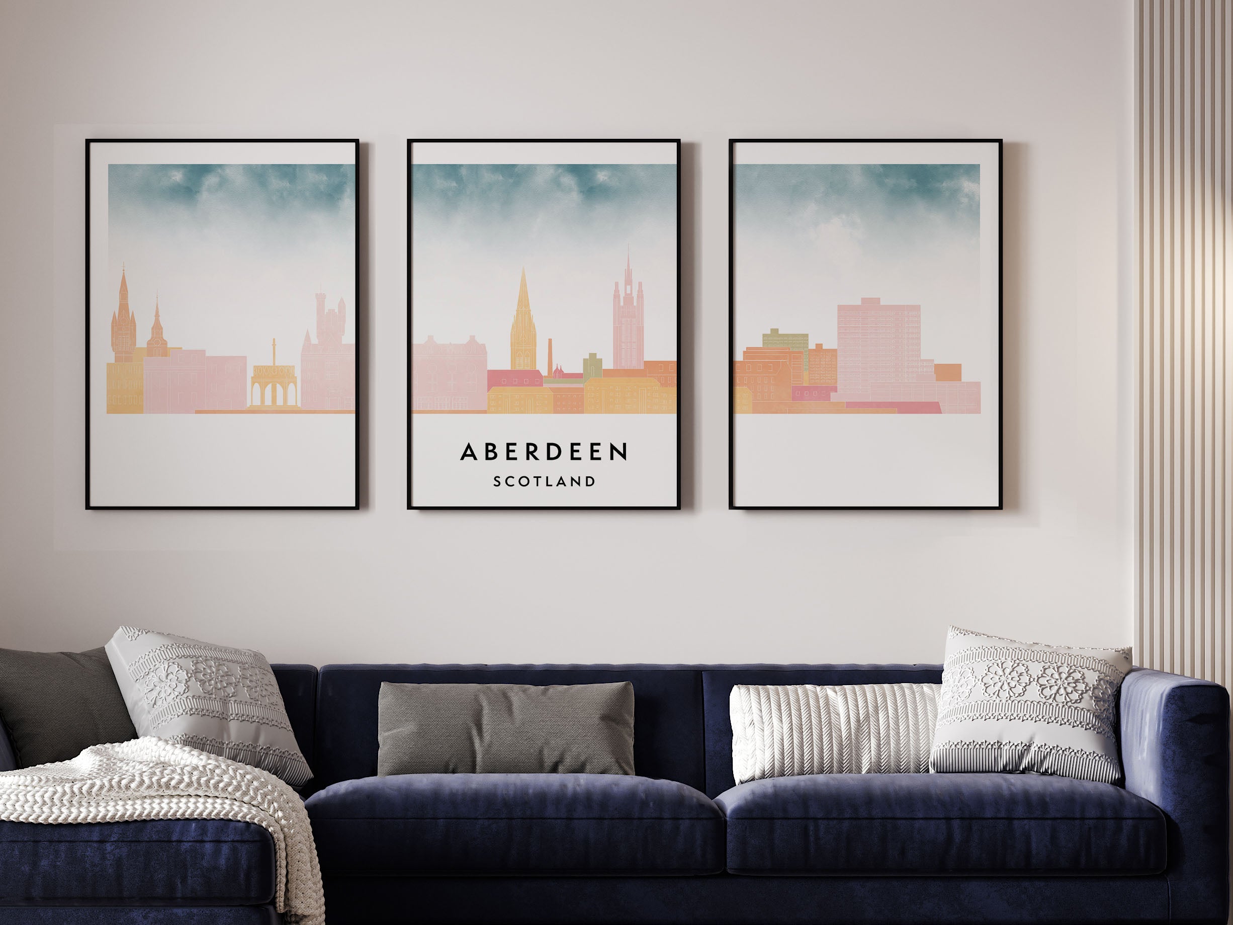 Aberdeen Silhouette Triptych in Watercolor Style, Aberdeen Skyline Poster, Aberdeen Set of 3 Posters, Watercolor style