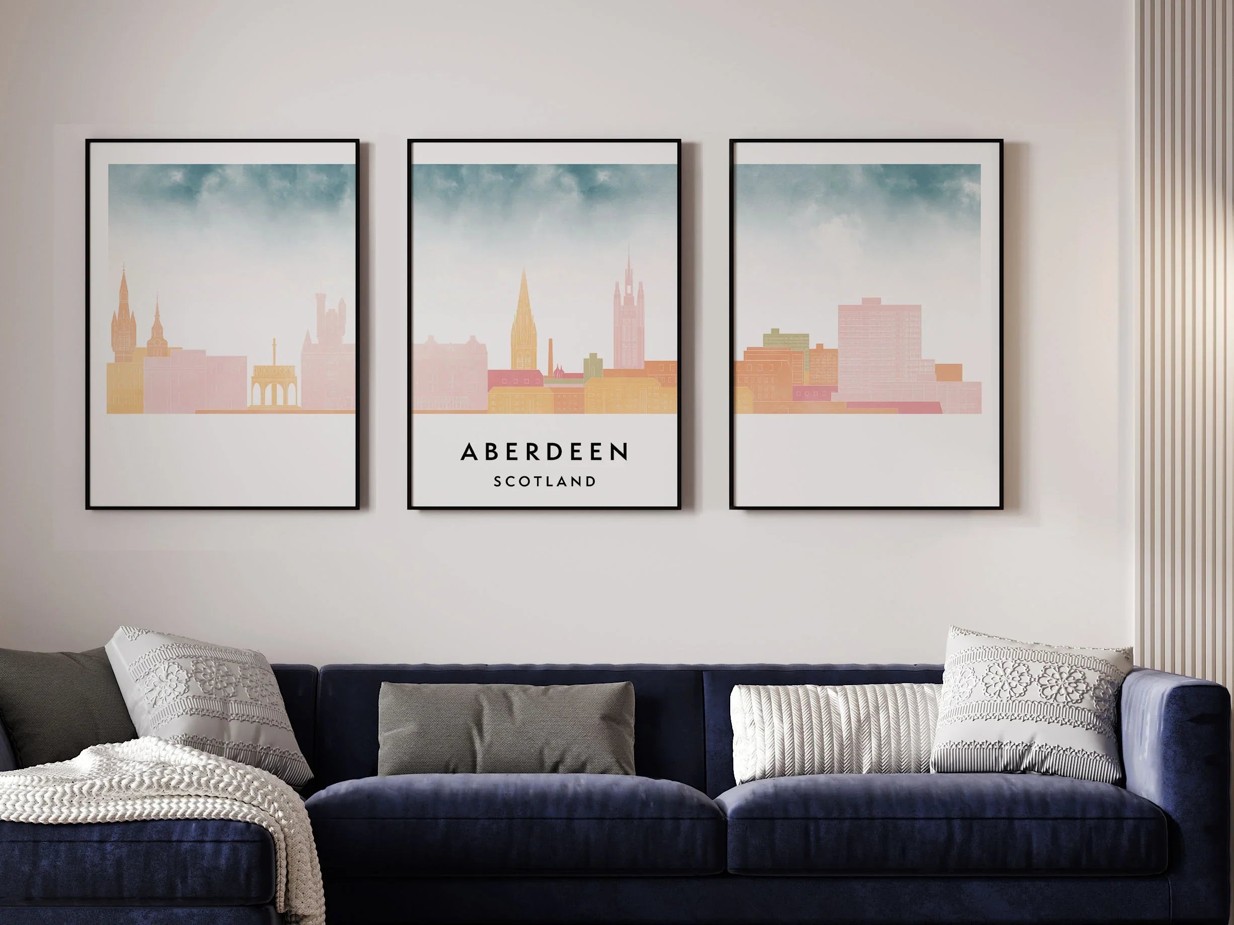 Aberdeen Silhouette Triptych in Watercolor Style, Aberdeen Skyline Poster, Aberdeen Set of 3 Posters, Watercolor style