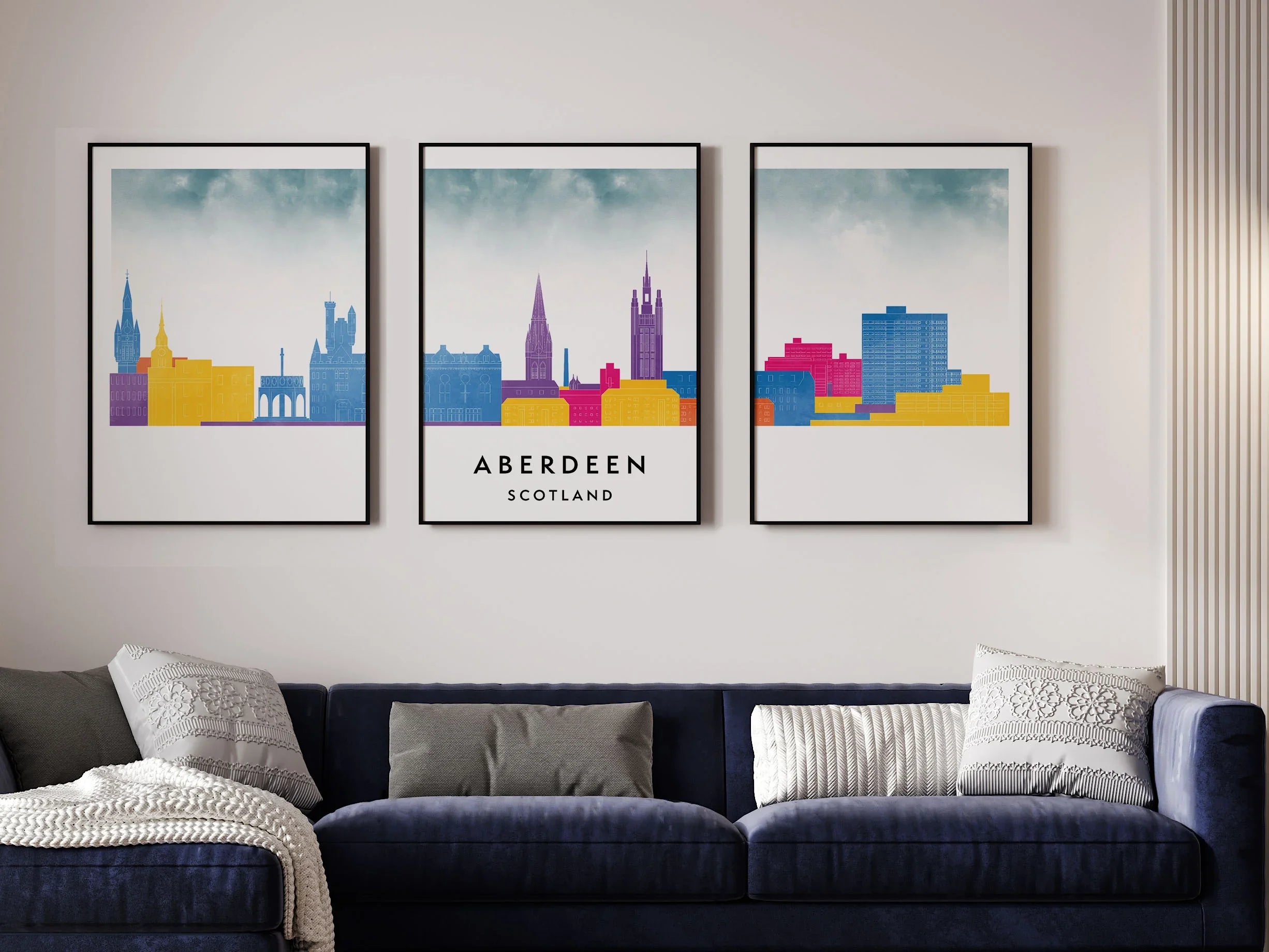 Aberdeen Silhouette Triptych in Watercolor Style, Aberdeen Skyline Poster, Aberdeen Set of 3 Posters, Watercolor style
