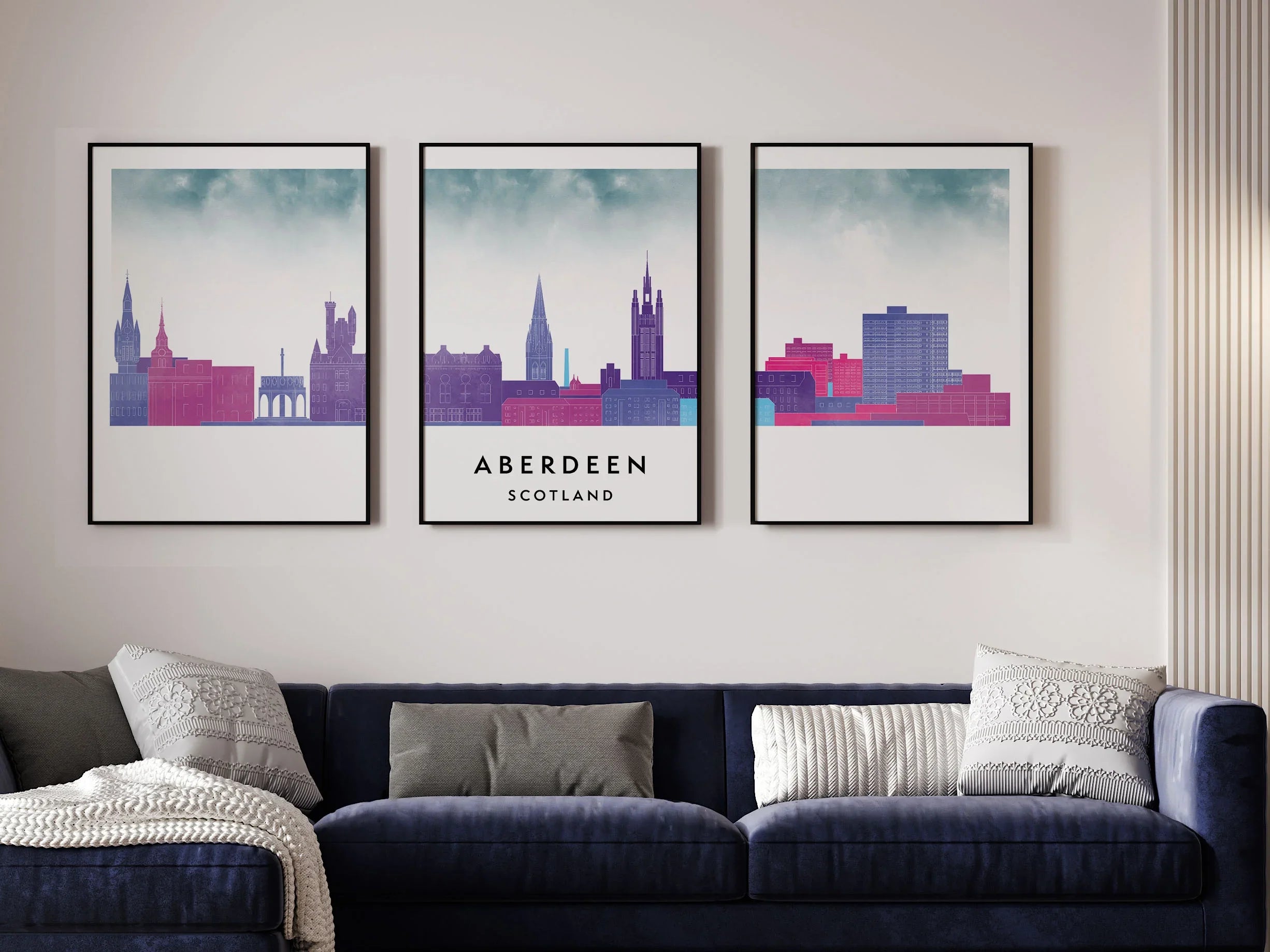 Aberdeen Silhouette Triptych in Watercolor Style, Aberdeen Skyline Poster, Aberdeen Set of 3 Posters, Watercolor style