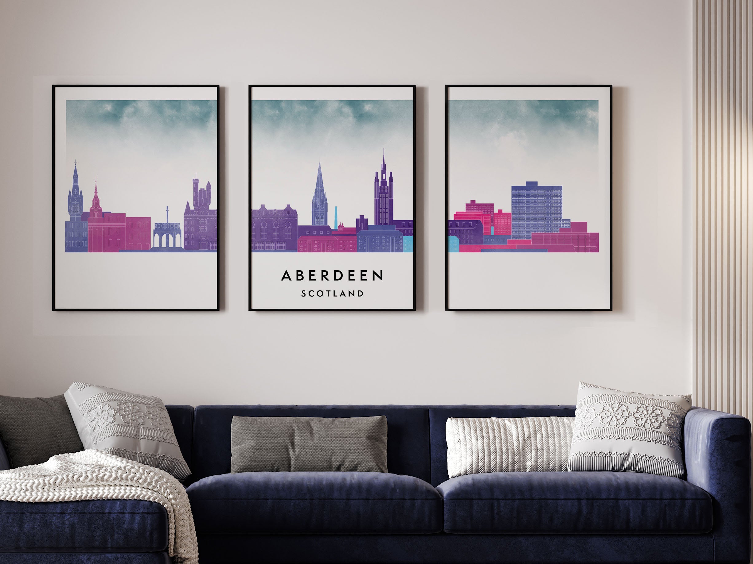 Aberdeen Silhouette Triptych in Watercolor Style, Aberdeen Skyline Poster, Aberdeen Set of 3 Posters, Watercolor style