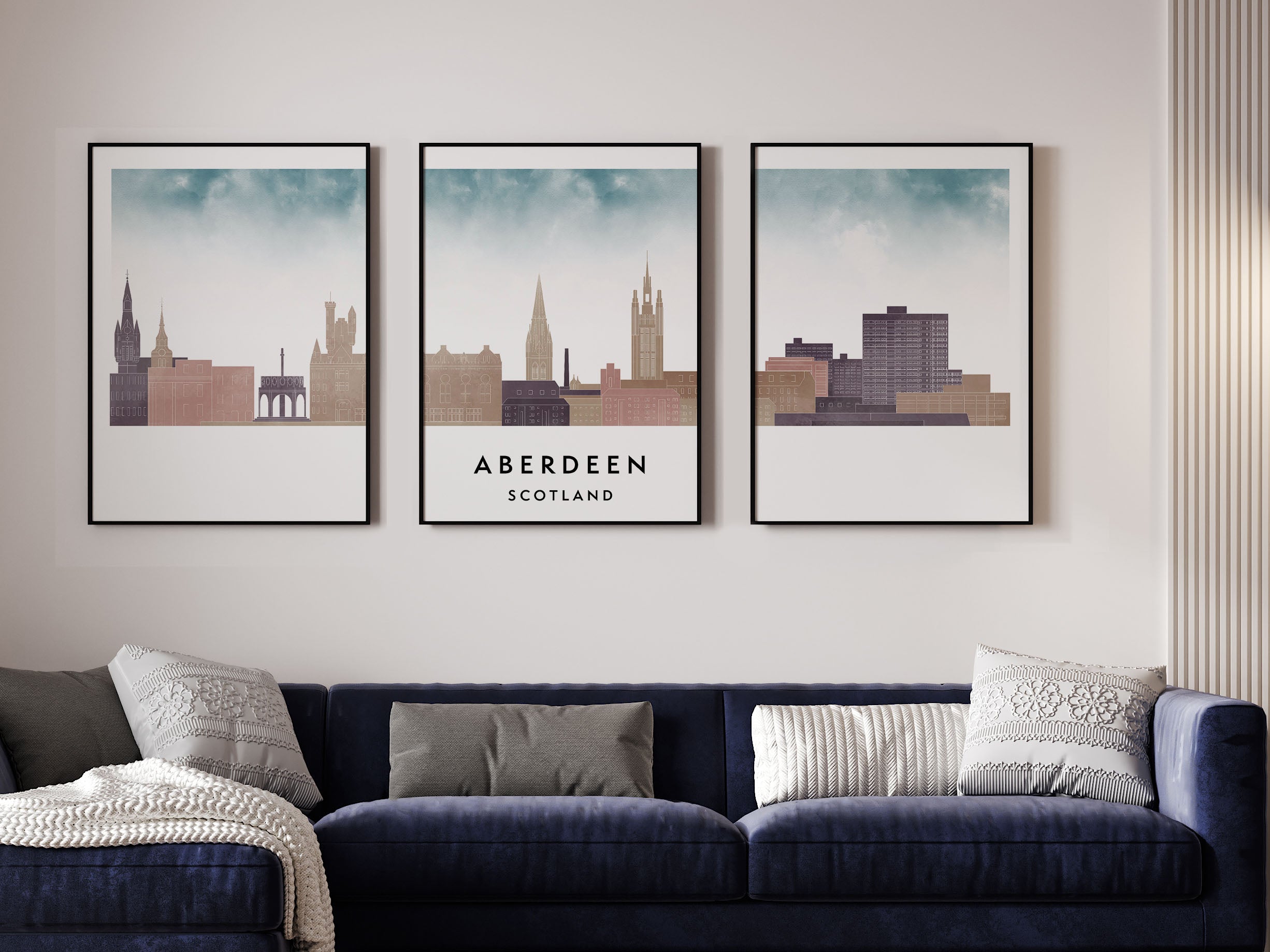 Aberdeen Silhouette Triptych in Watercolor Style, Aberdeen Skyline Poster, Aberdeen Set of 3 Posters, Watercolor style